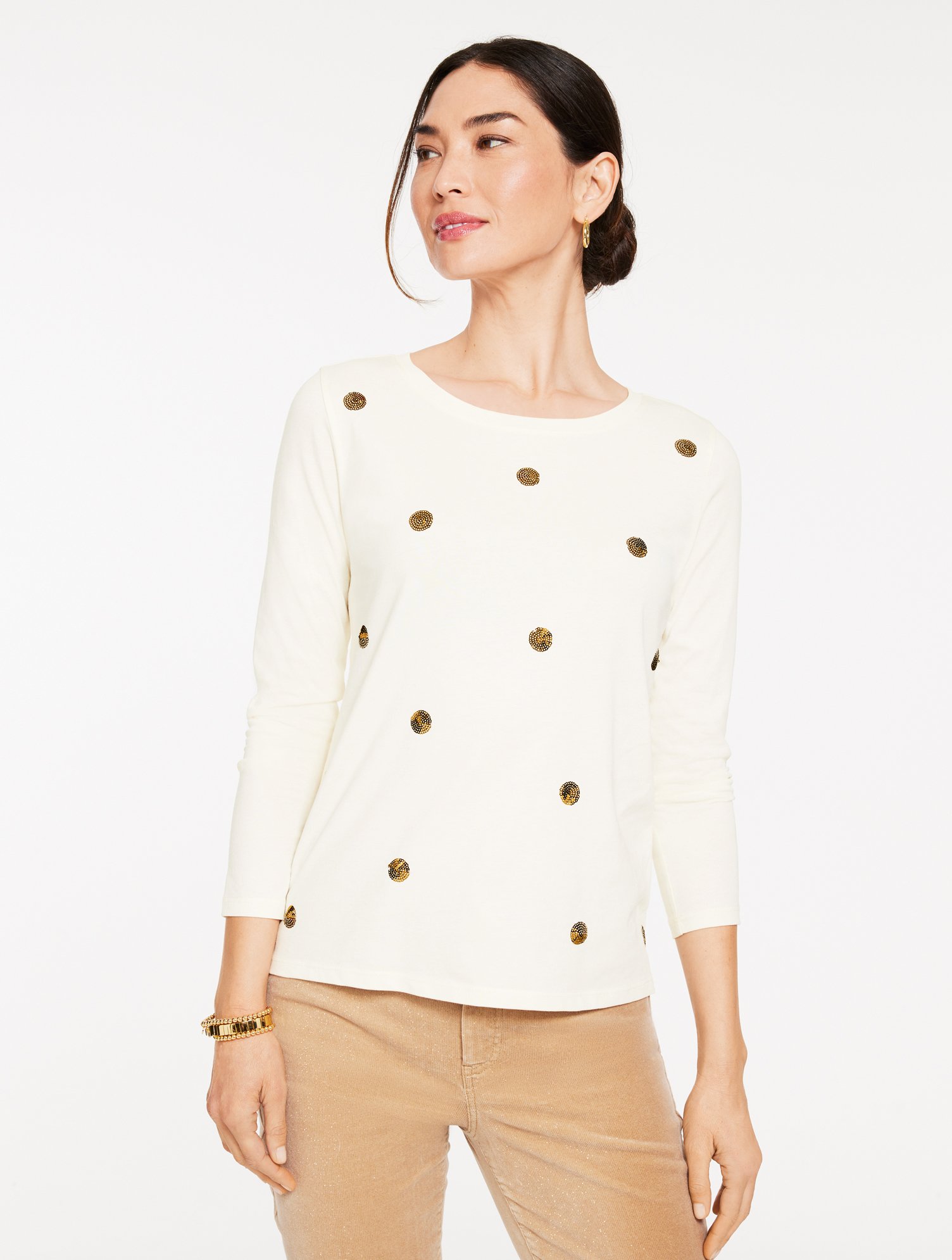 Talbots Plus Size - Long Sleeve Crewneck T-shirt - Sequin Dot - Ivory - 2x  In White