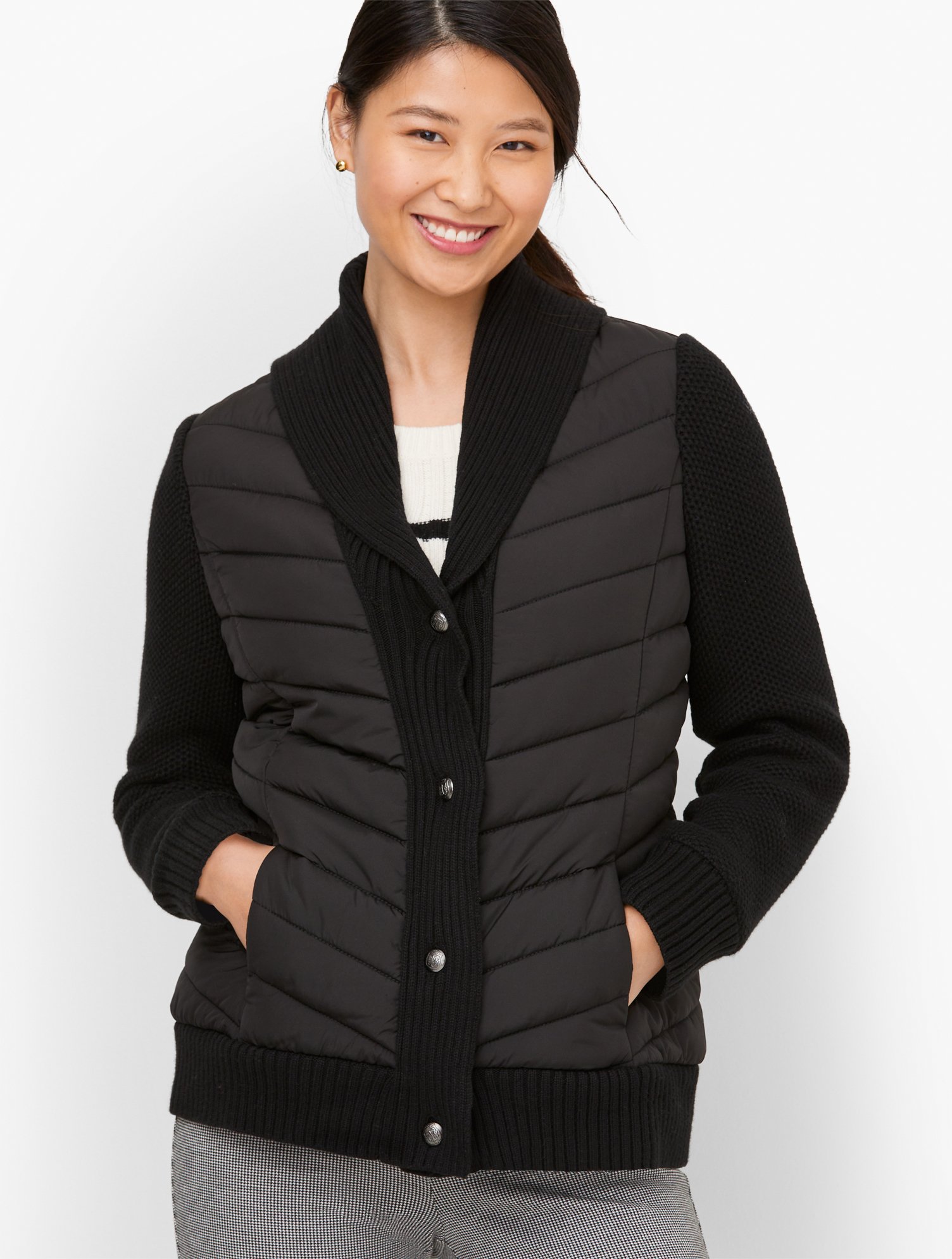 Talbots Petite - Sweater Sleeve Puffer Jacket - Black - Medium