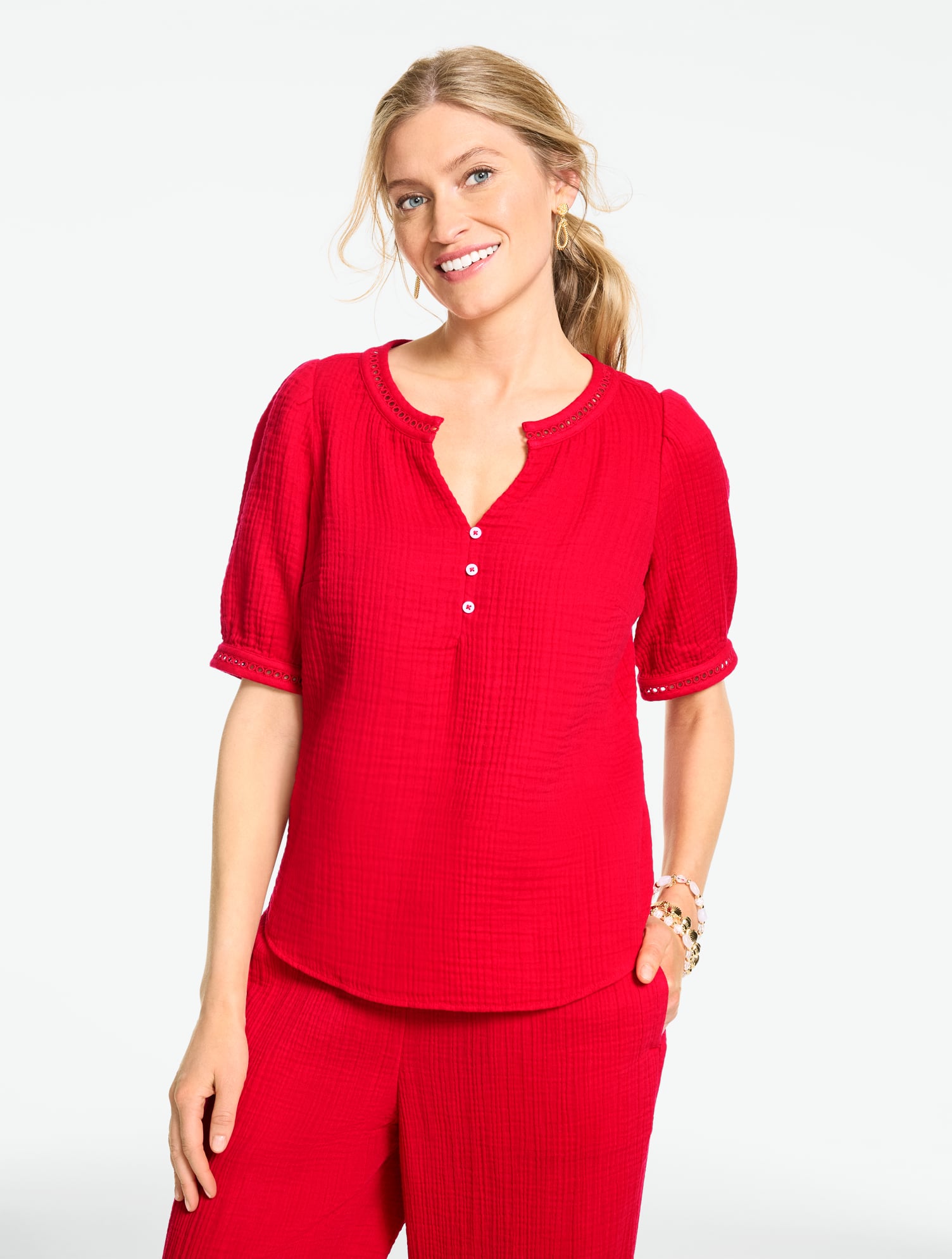 Elbow Sleeve Gauze Top | Talbots