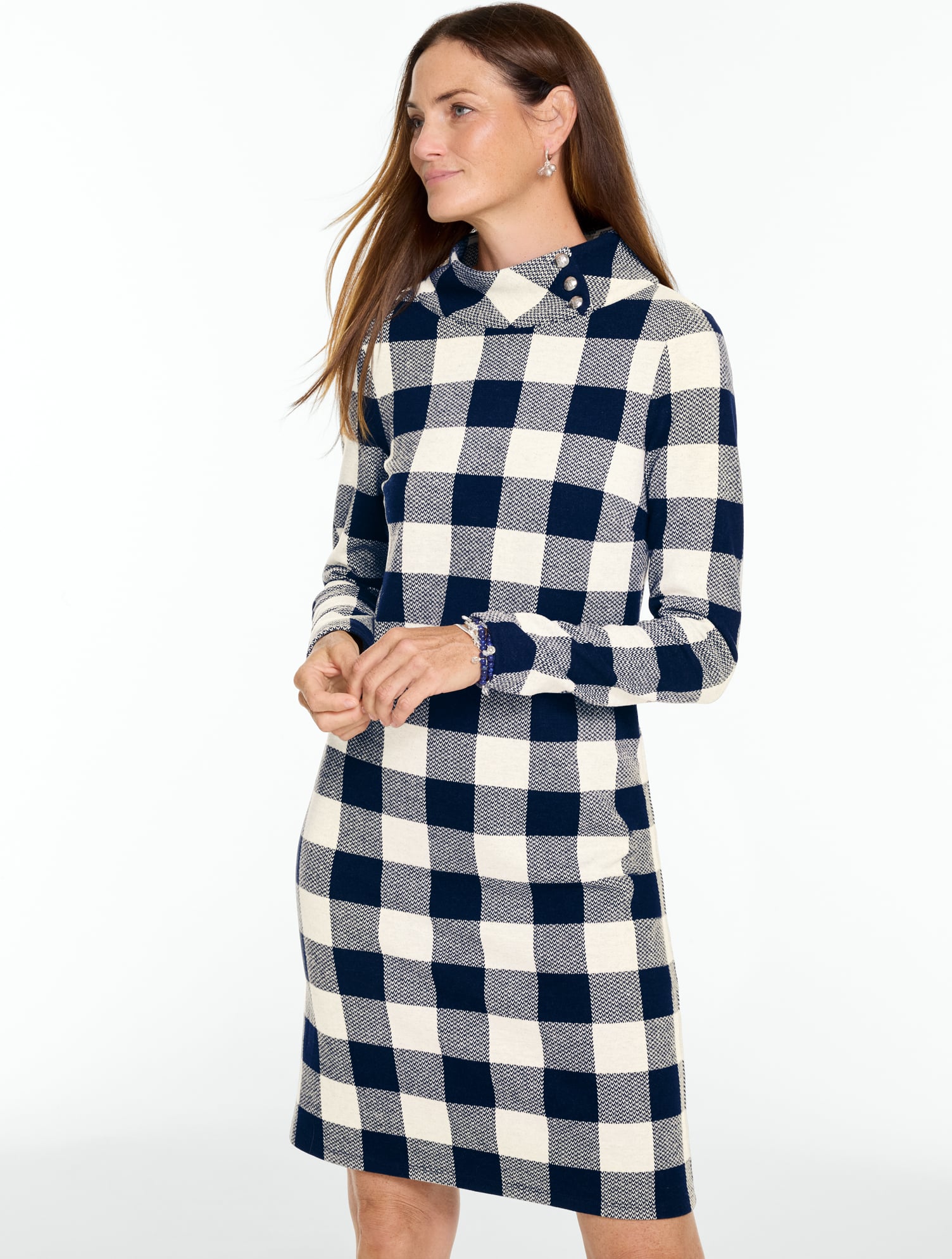 Side Button Mockneck Knit Dress - Buffalo Check