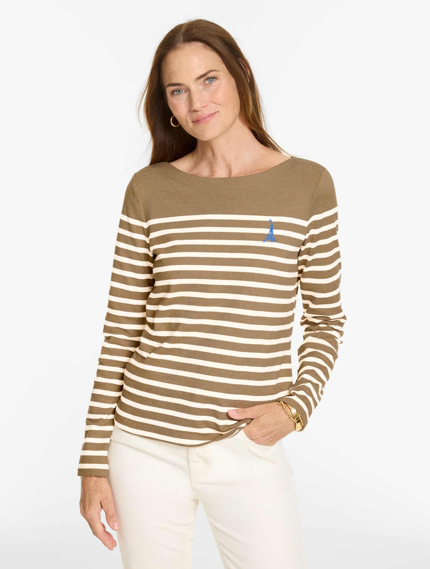 Talbots Embroidered Bateau Neck T-shirt - Paris Stripe - Soft Harvest Heather/ivor - Xs - 100% Cotton Talbot In Soft Harvest Heather,ivor
