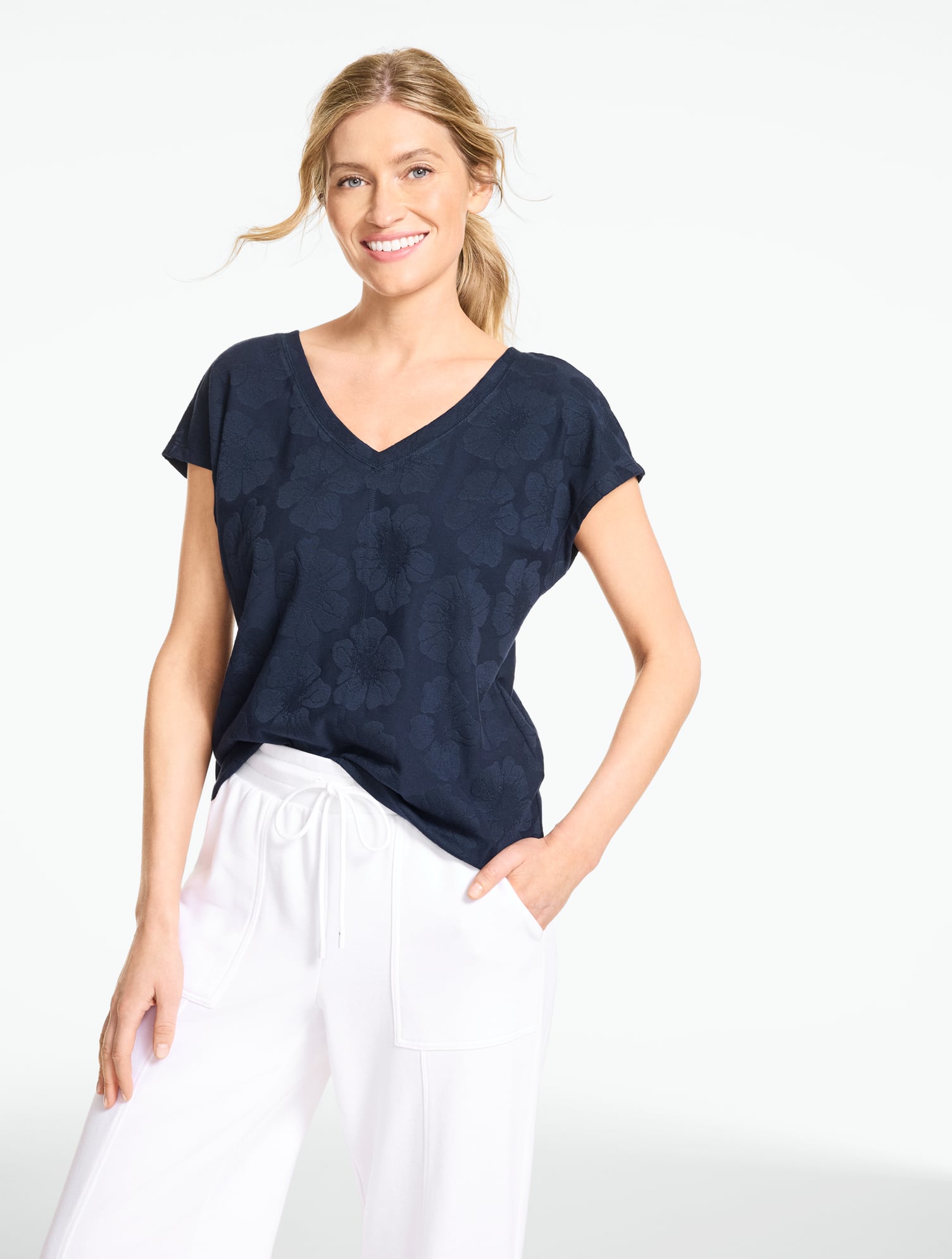 Short Sleeve V-Neck Tee - Hibiscus Jacquard | Talbots
