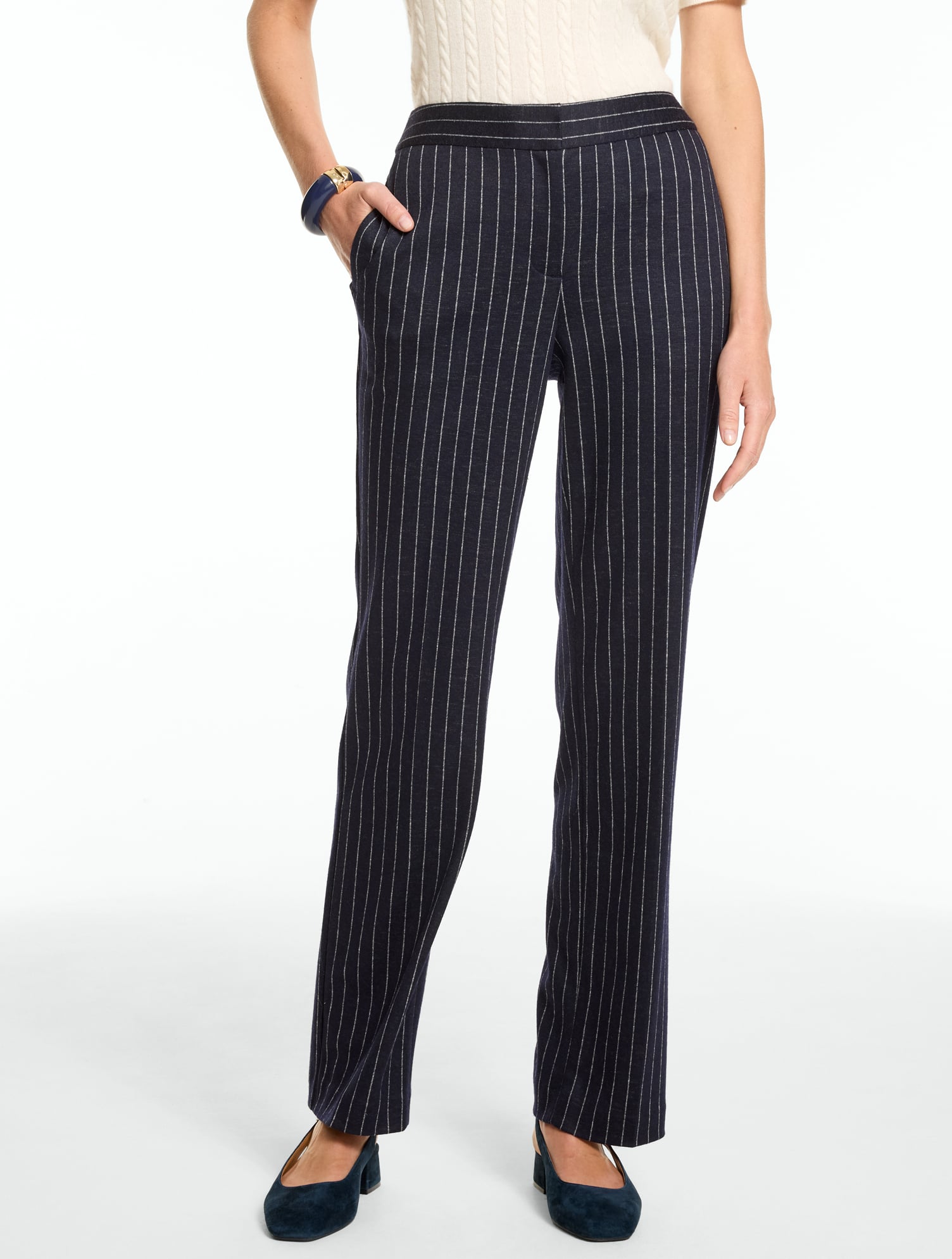 Pinstripe Knit Straight Leg Pants