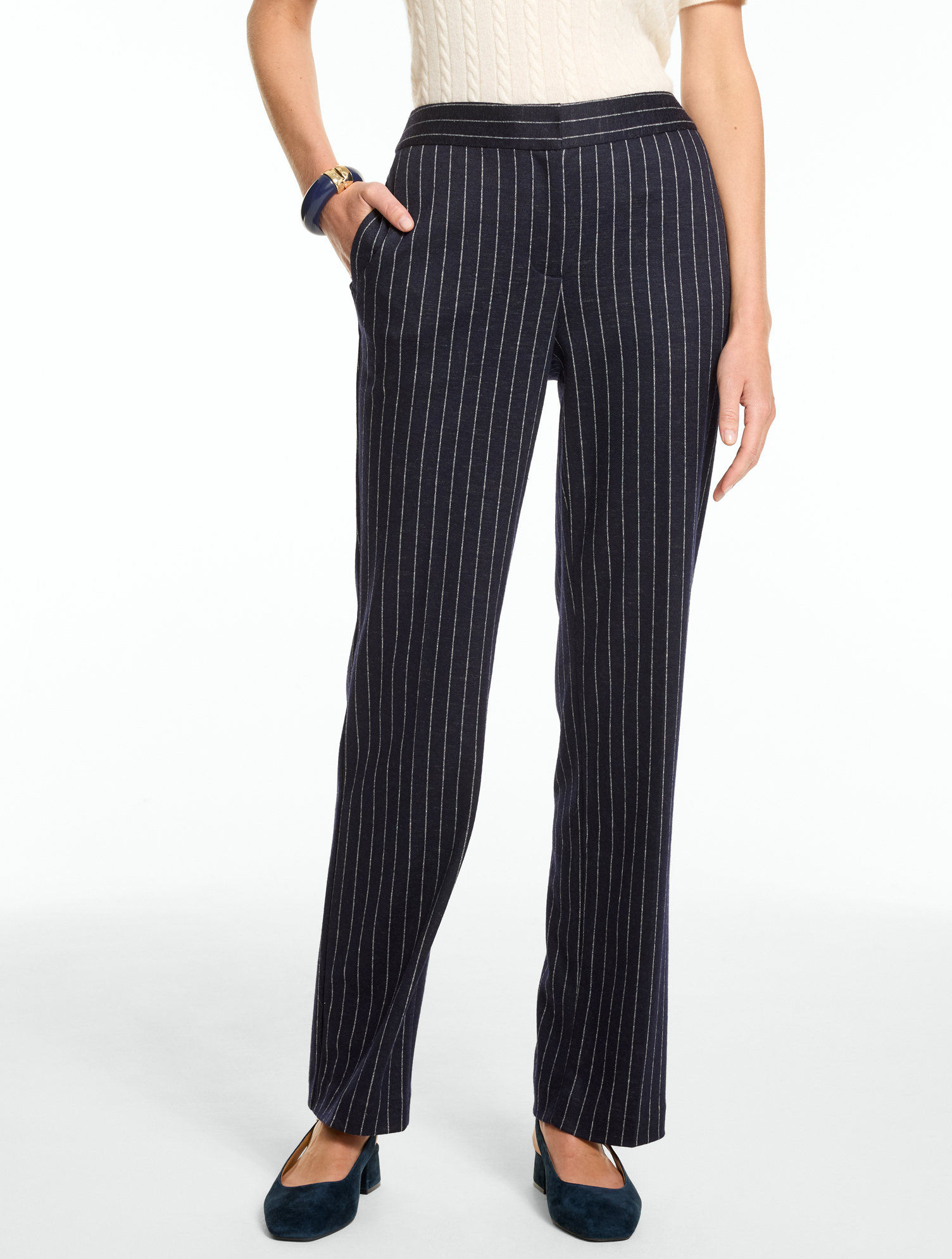 Pinstripe Knit Straight Leg Pants