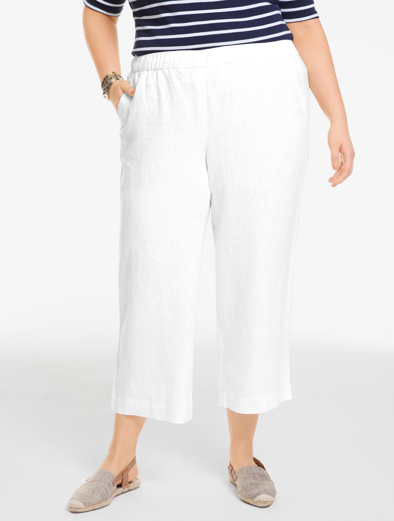 Washed Linen Wide Crop Pull-On Pants - White
