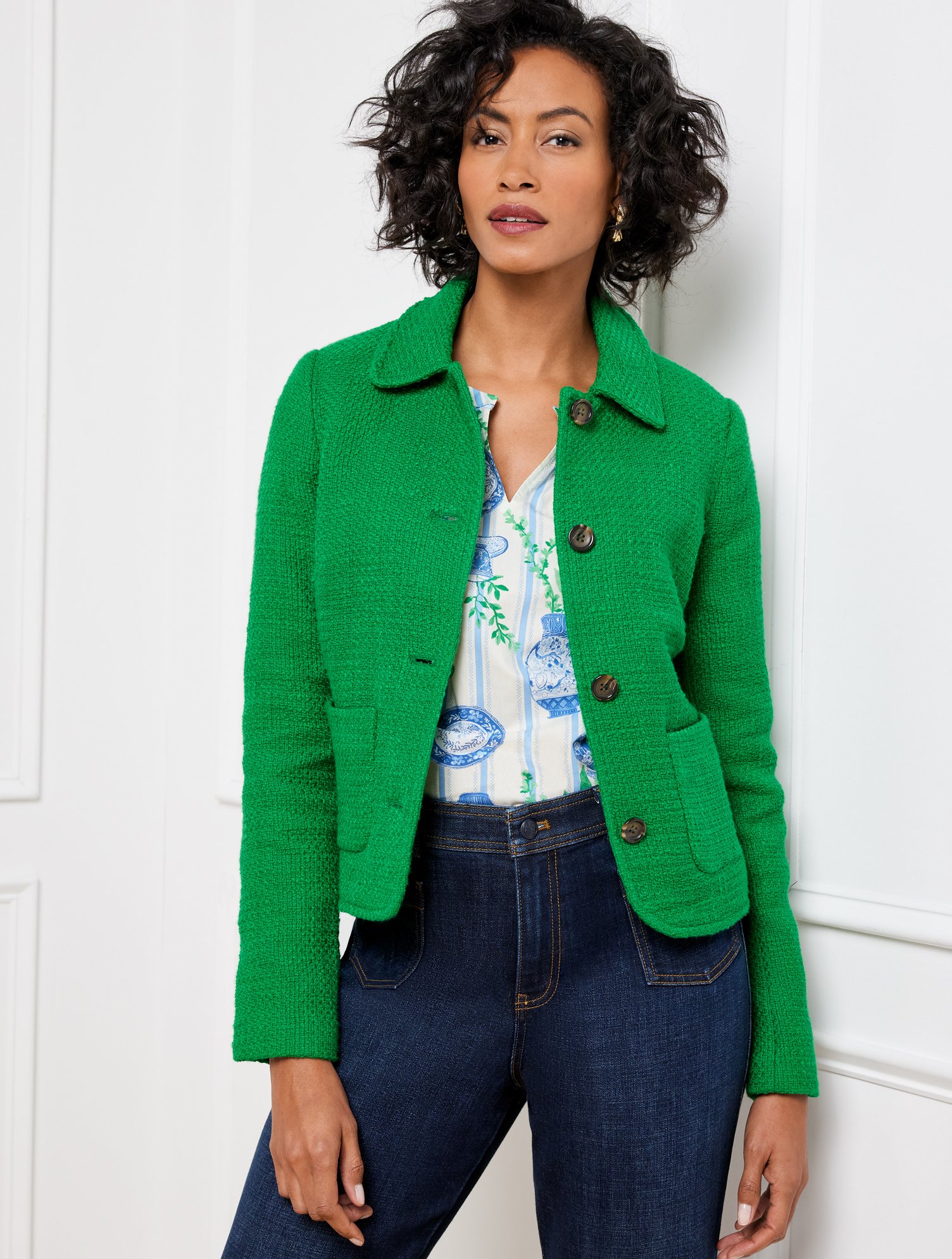 Talbots Amherst Tweed Cropped Jacket - Spring Leaves - 20 - 100% Cotton