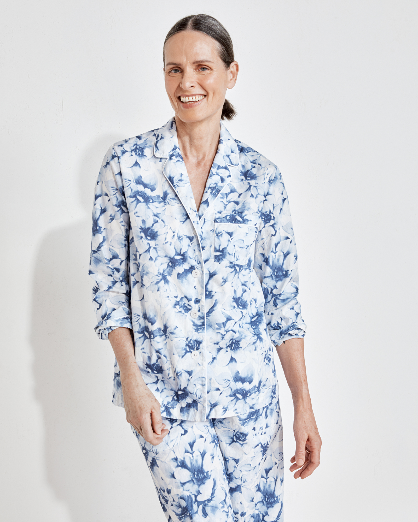 Talbots Organic True Cotton Blurred Floral Pajama Shirt - Delft Blue - Small