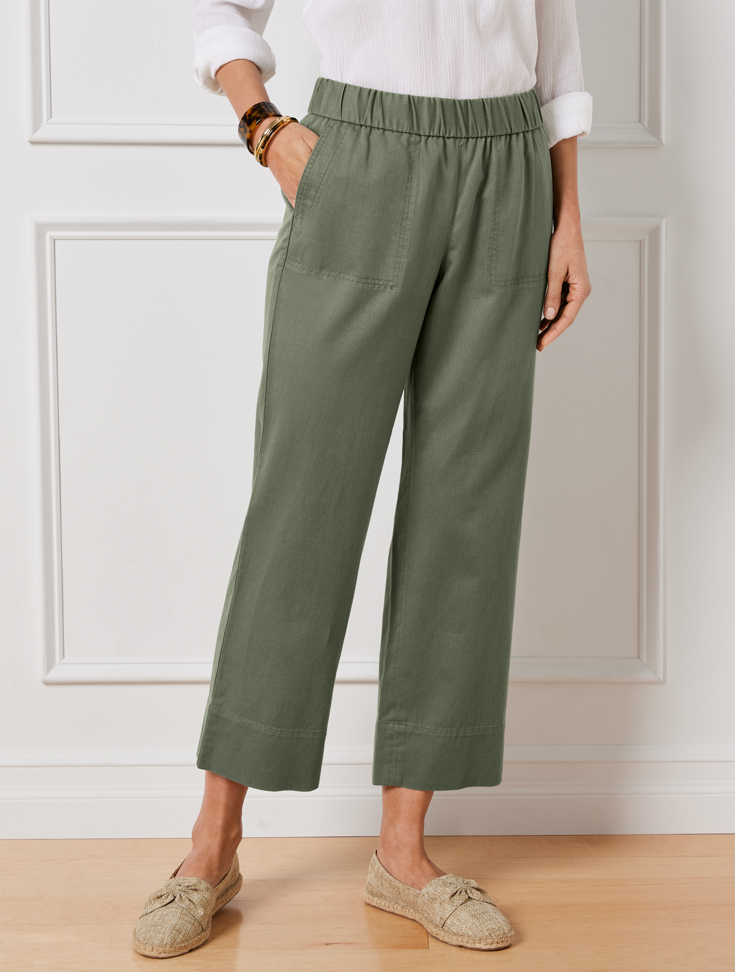 Talbots Petite - Pull-on Wide Crops Pants - Solids - Spring Moss - Large