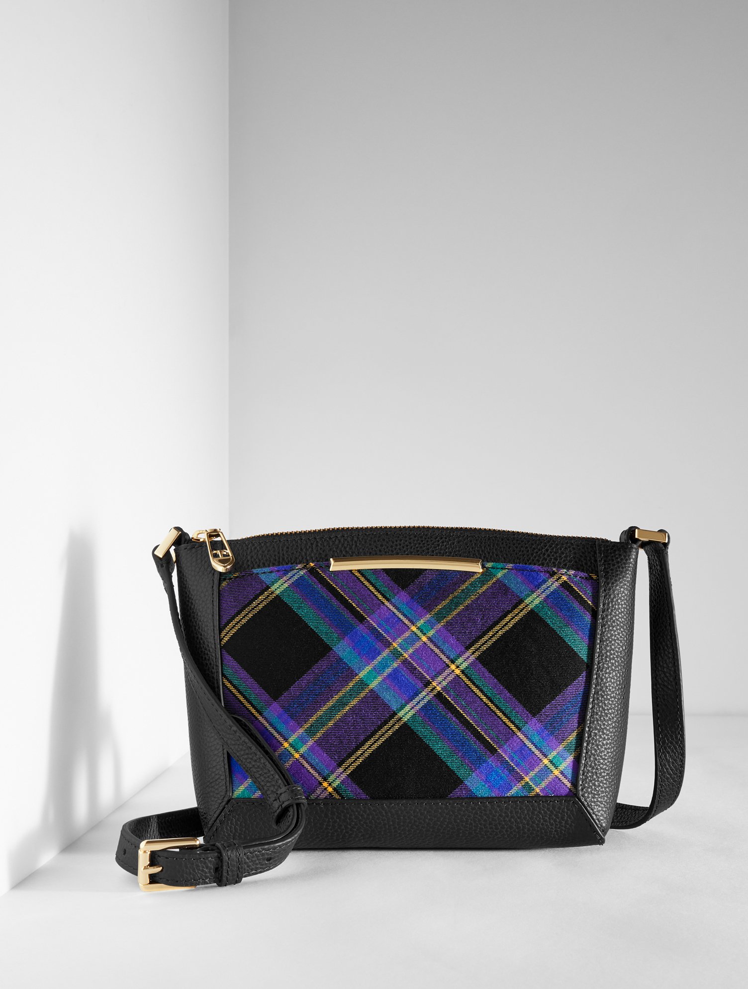 Talbots Darcy Pebble Leather Crossbody Bag - Wishful Plaid - Black - 001  In Black