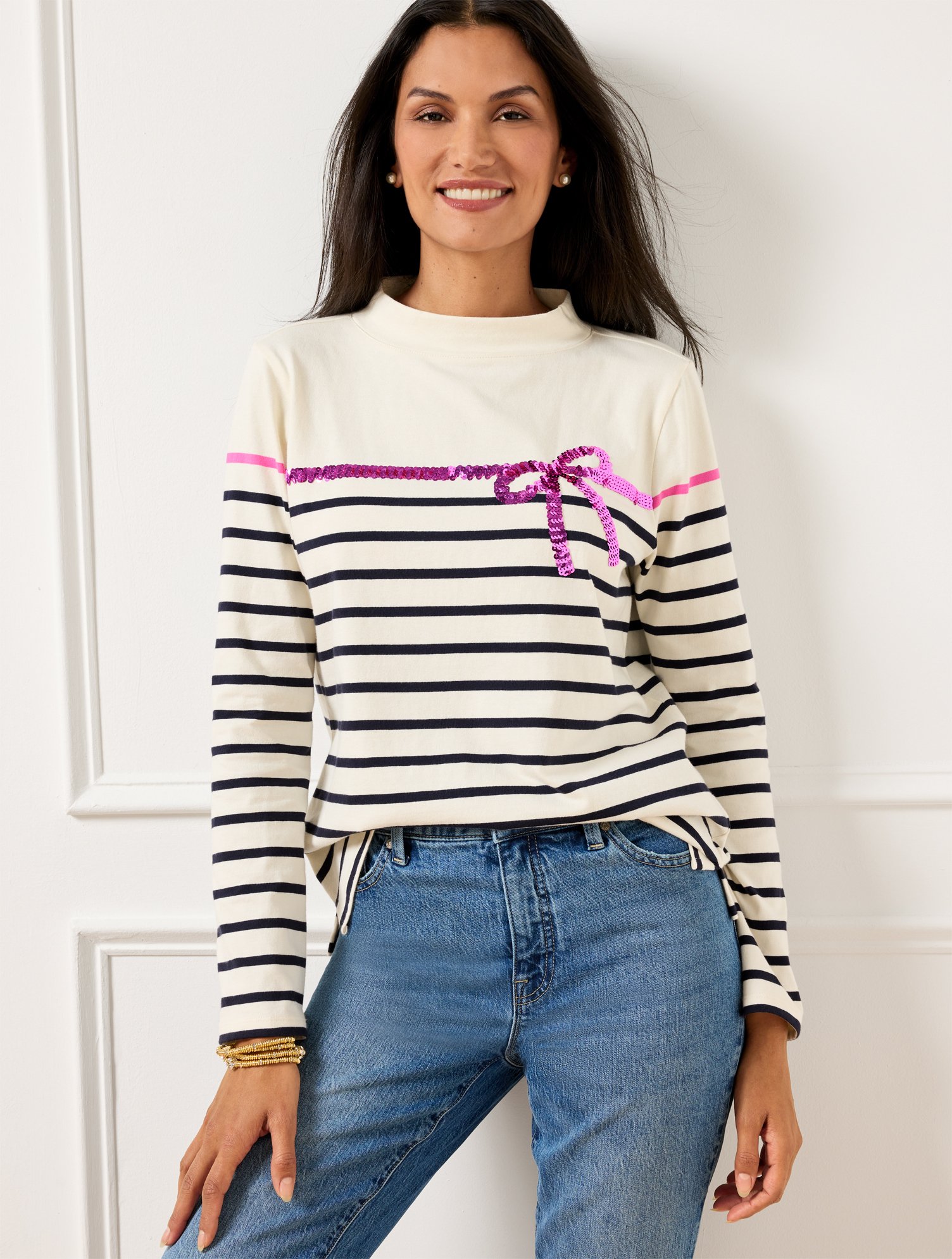 Talbots Misses - Sequin Ribbon Stripe Mockneck T-shirt - Ivory/indigo Blue - Small - 100% Cotton In Ivory,indigo Blue