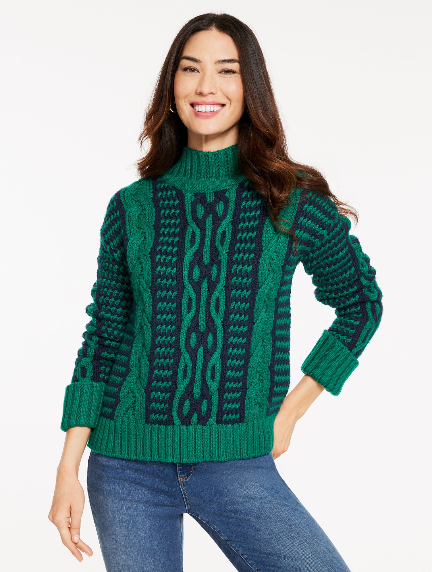 Talbots Petite - Bicolor Cable Mockneck Sweater - Lush Green - Xl  In Green