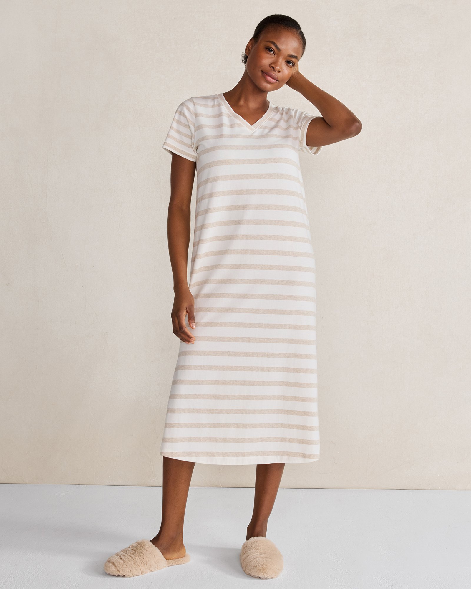 Talbots Organic Cotton Jersey Striped Sleep Dress - Fawn Heather Stripe - Large
