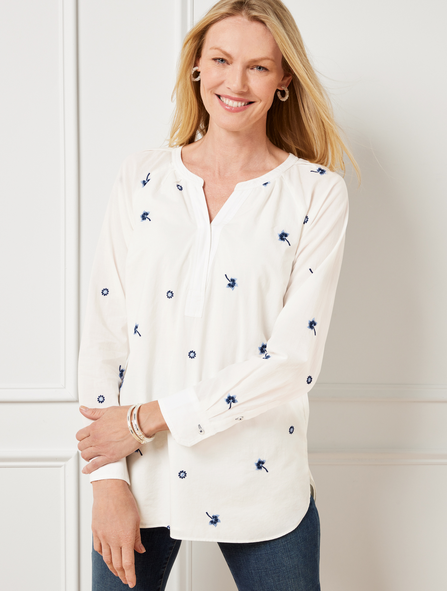 Talbots Embroidered Popover Shirt - Tossed Ditsy - Ivory - 1x