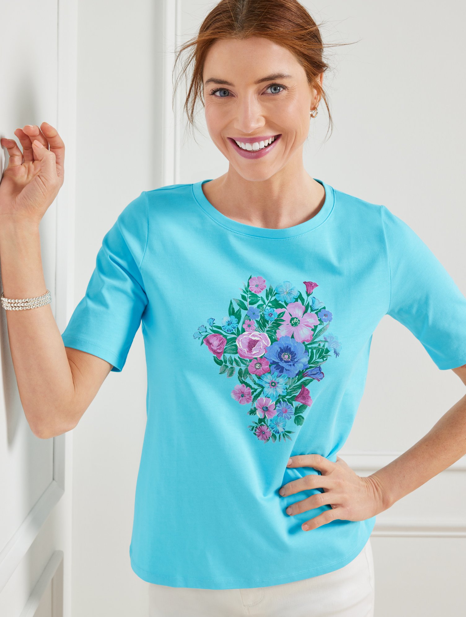 Talbots Crewneck T-shirt - Flower Bouquet - Lovely Blue - 2x