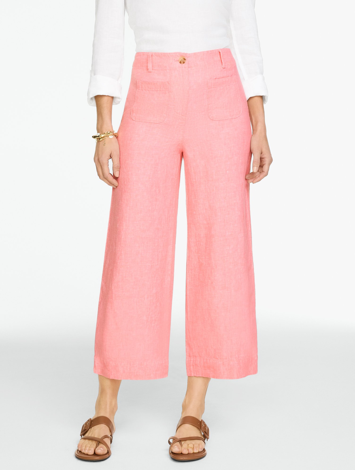 Washed Linen Wide Crop Patch Pocket Pants - Cross-Dyed
