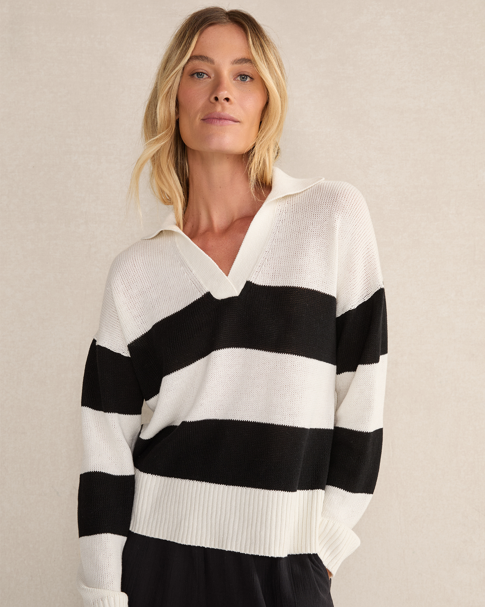 Organic Cotton Linen Stripe Johnny Collar Sweater | Haven