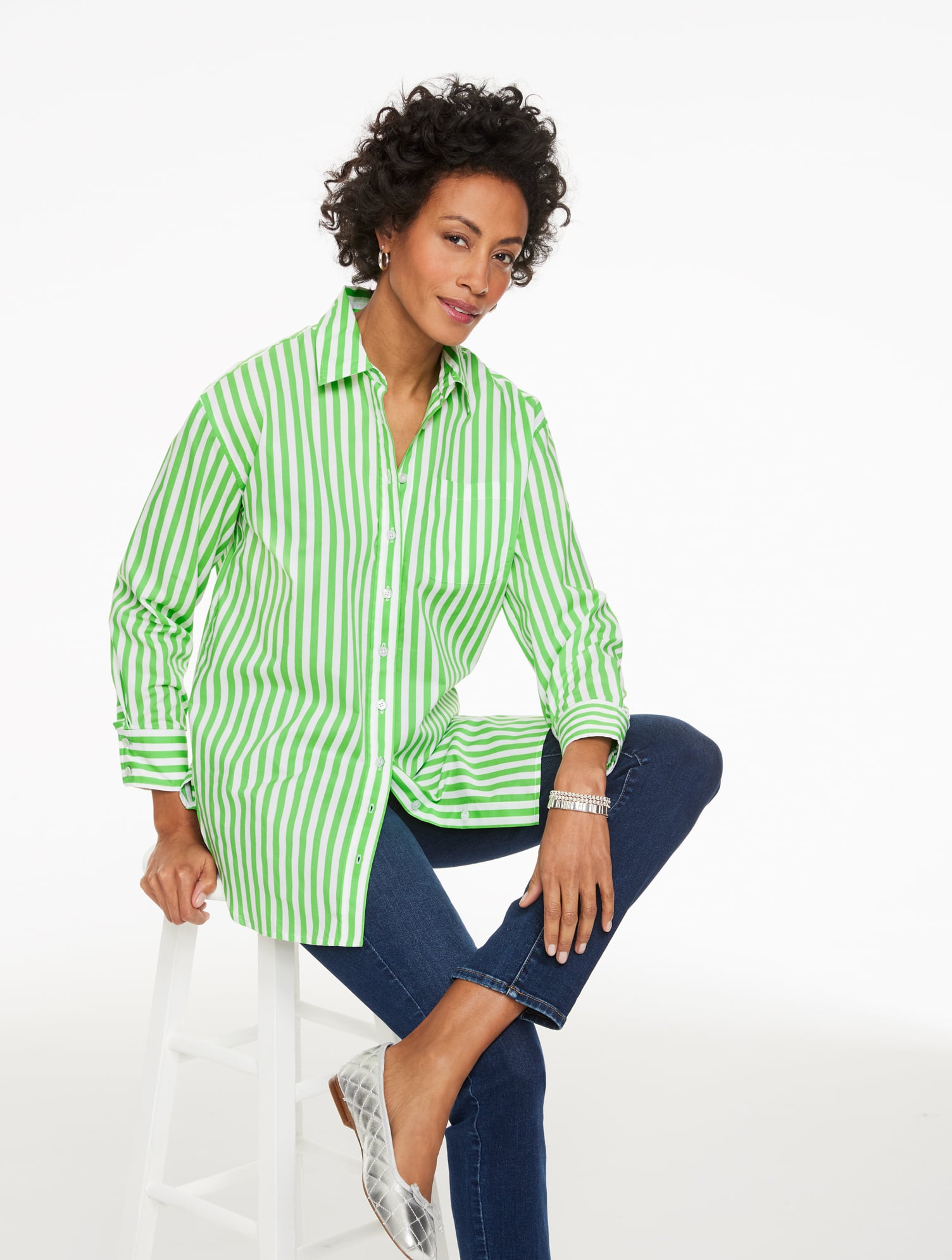 Everyday Relaxed Shirt - Airy Stripe - Fresh Lime/White - Small - 100% Cotton Talbots