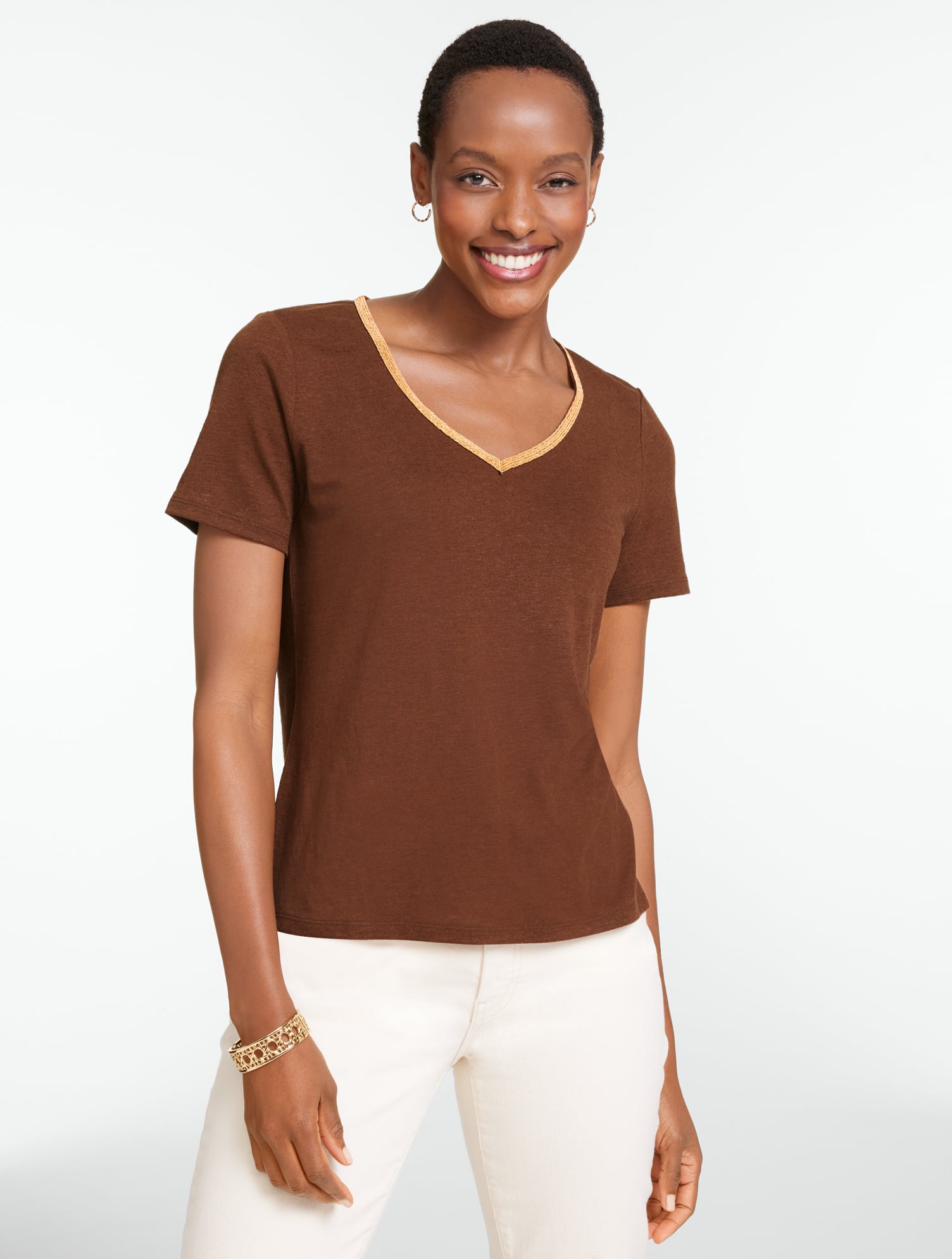 Beaded Linen Blend V-Neck Tee | Talbots