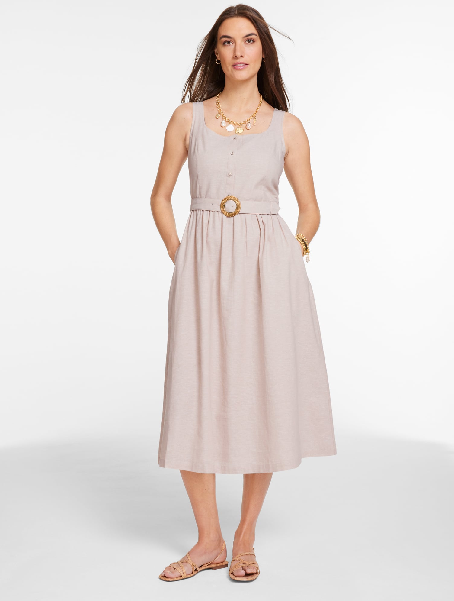 slim fit dress slacks Linen Blend Sleeveless Square Neck Dress | Fit and Flare