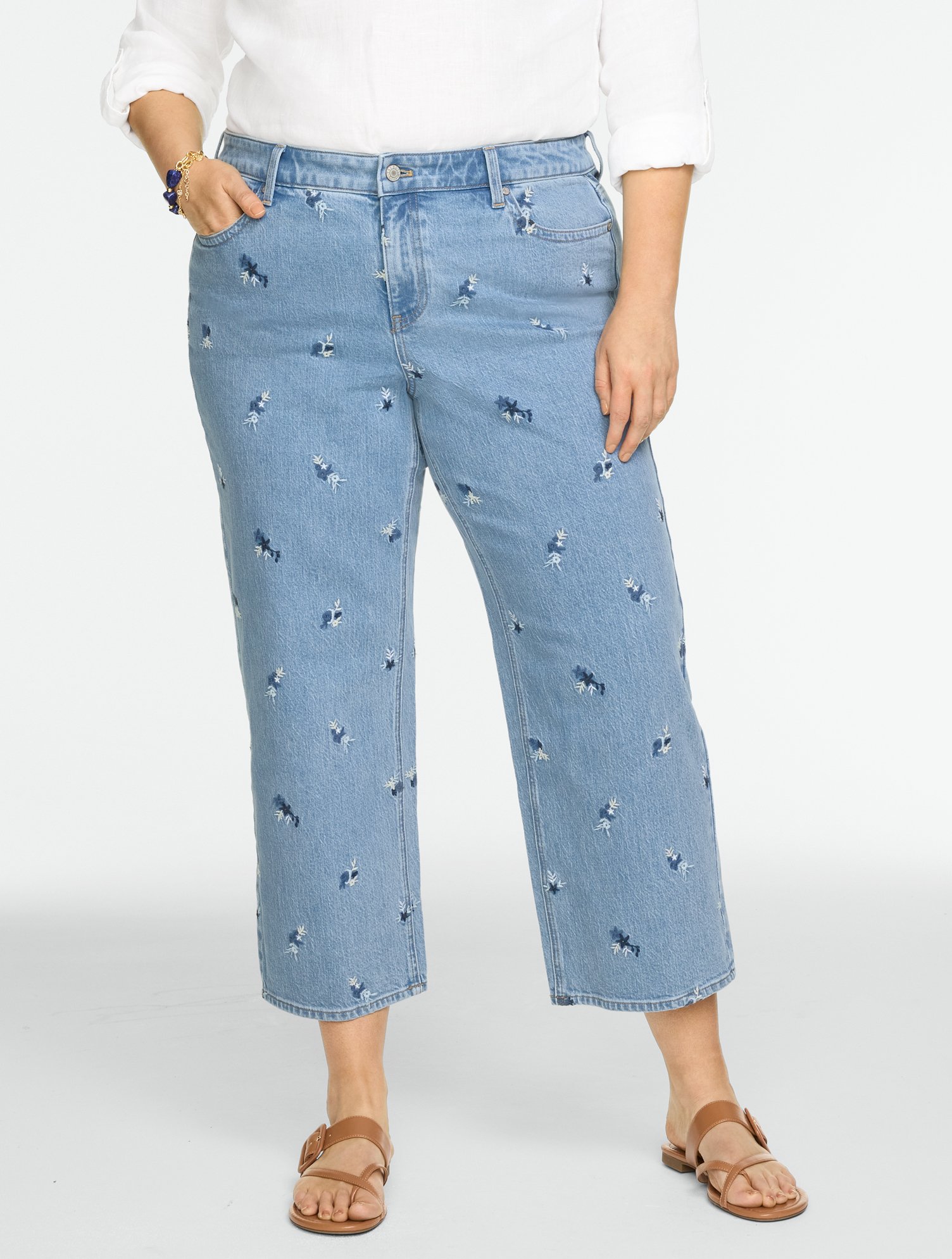 Wide Crop High Waist Embroidered Jeans - Floral Ditsy