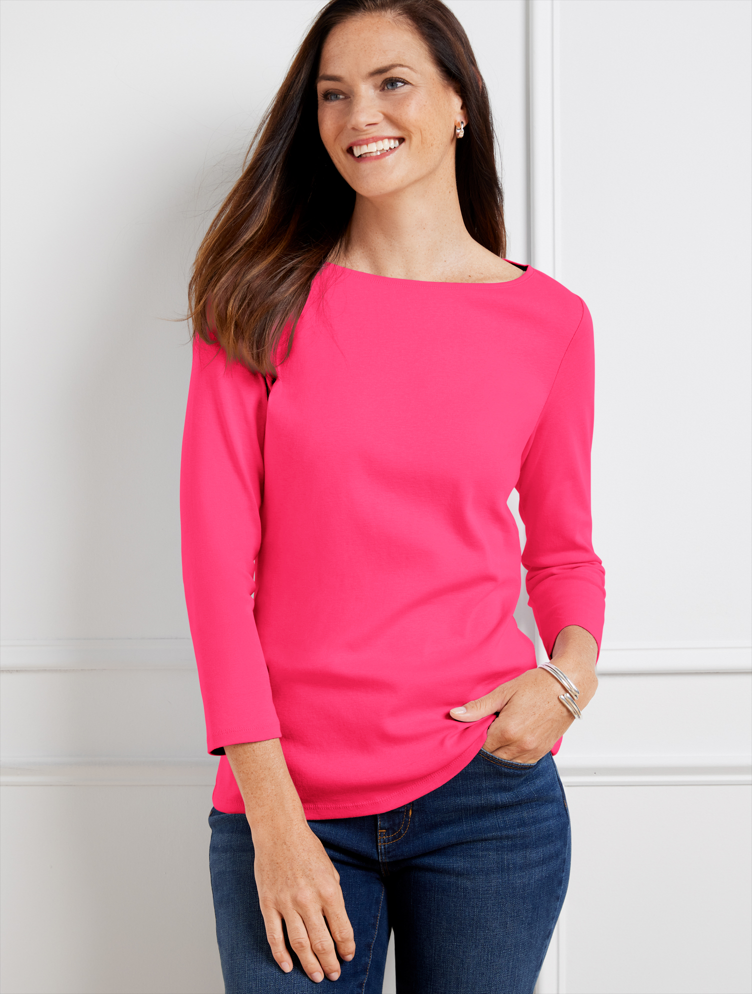 Talbots Plus Size - Solid Pima Bateau Neck T-shirt - Bright Rose - 2x