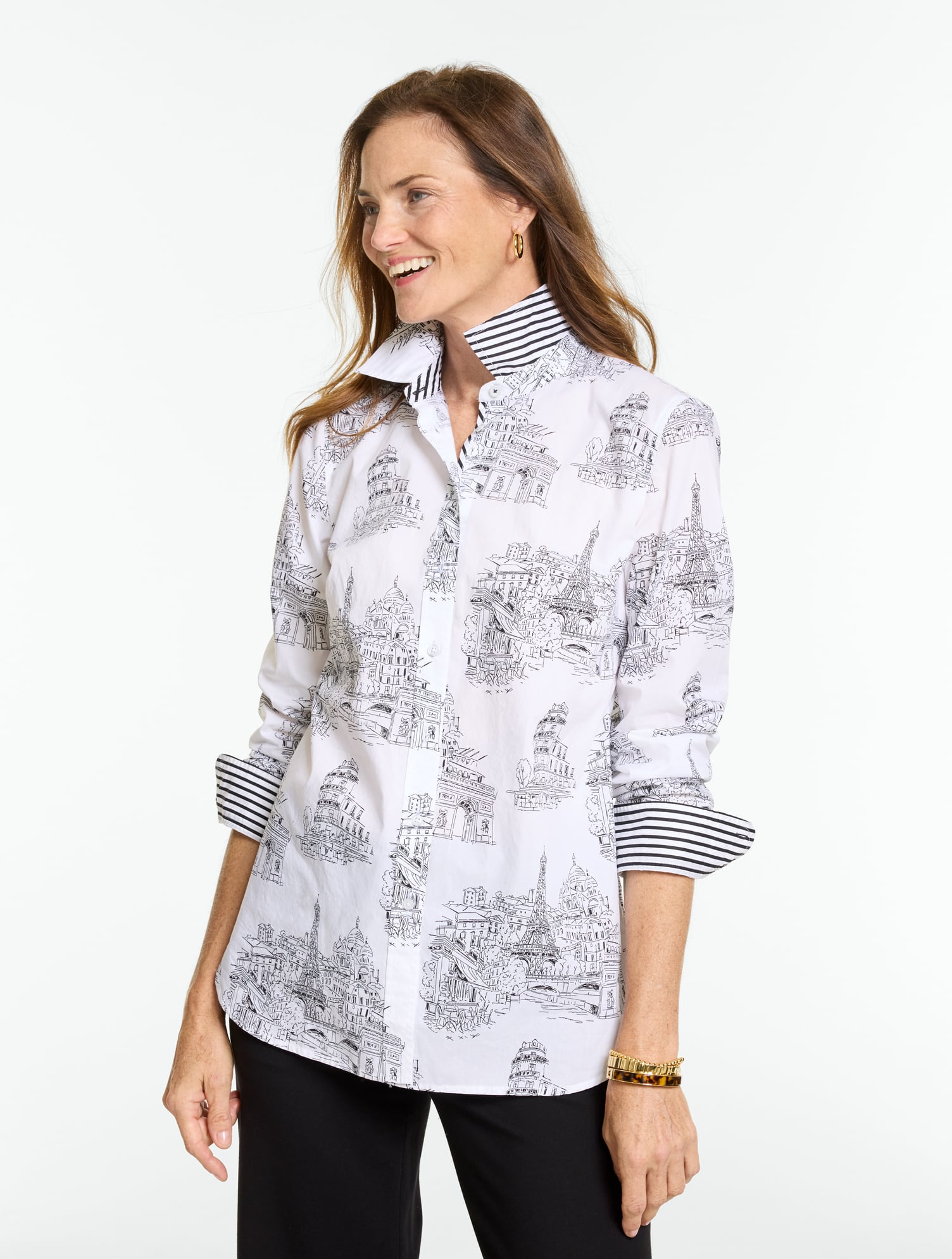 Talbots Modern Classic Shirt - Paris Scenic - White/black - Xs - 100% Cotton  In White,black