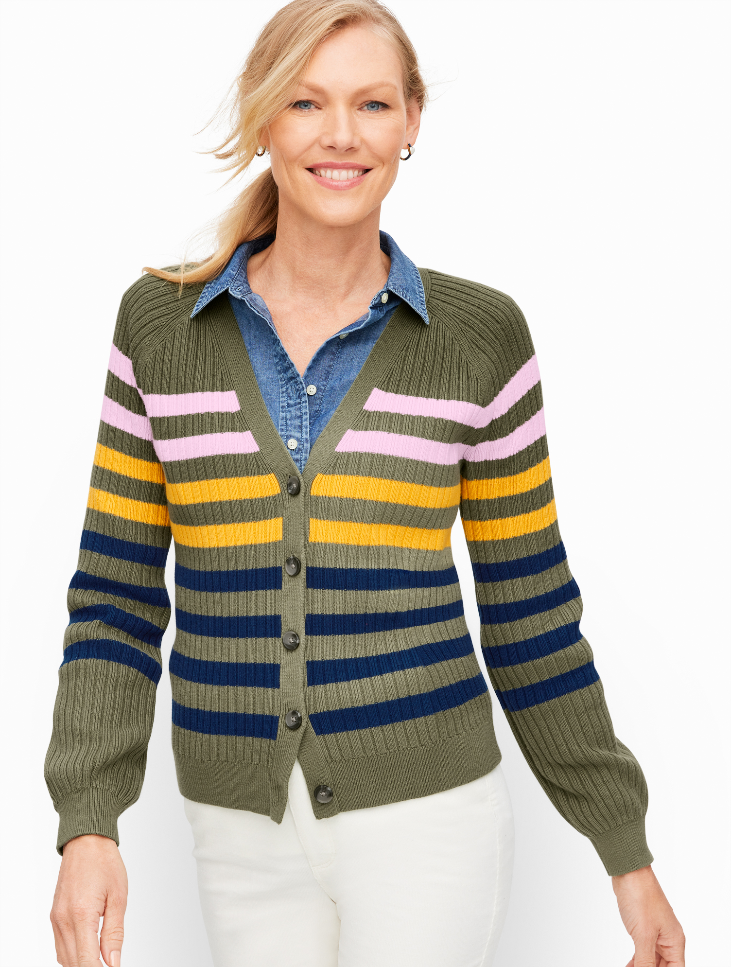 Talbots V-neck Cardigan Sweater - Breton Stripe - Sagebrush - 1x