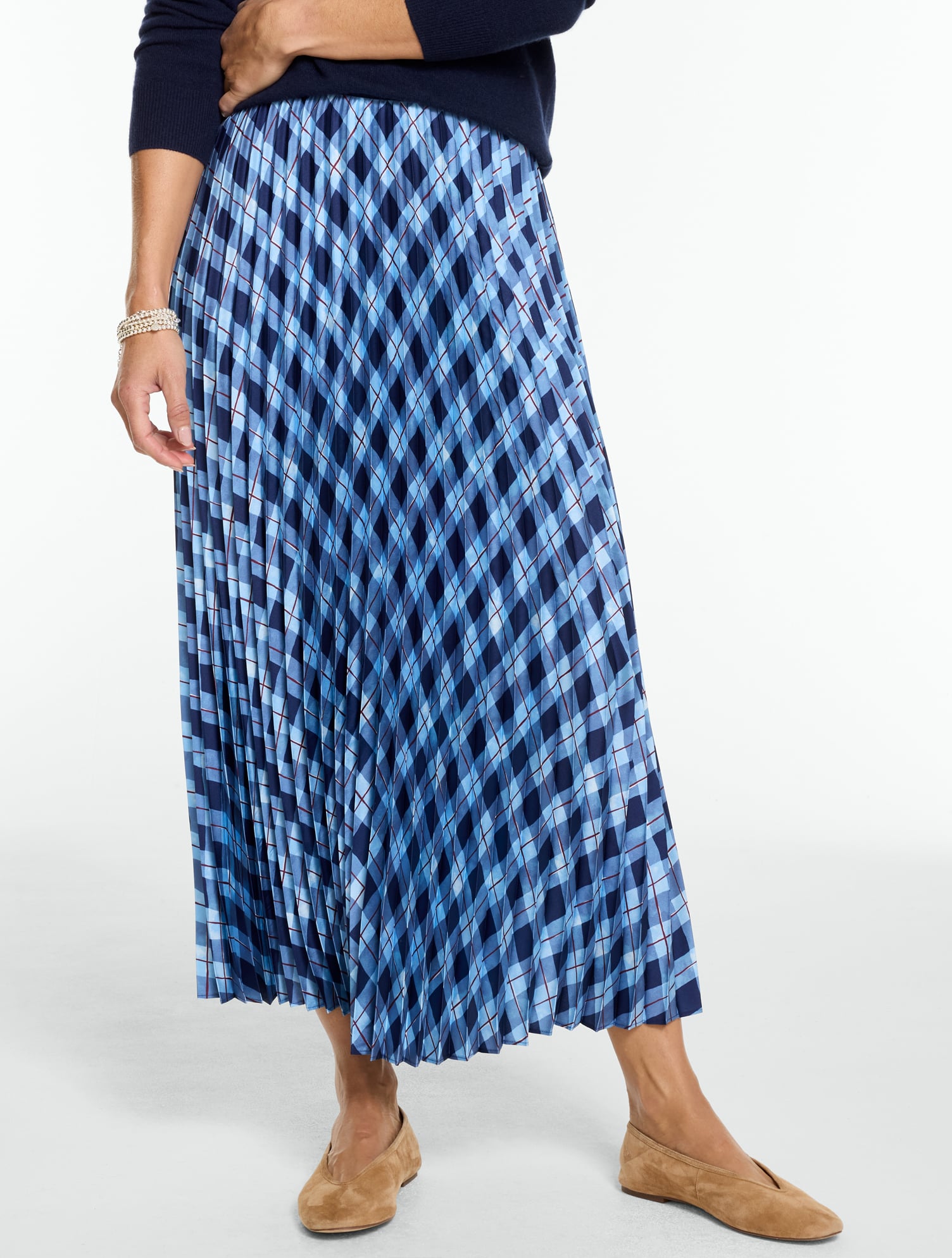 Twill Pleated Midi Skirt - Brushstroke Plaid
