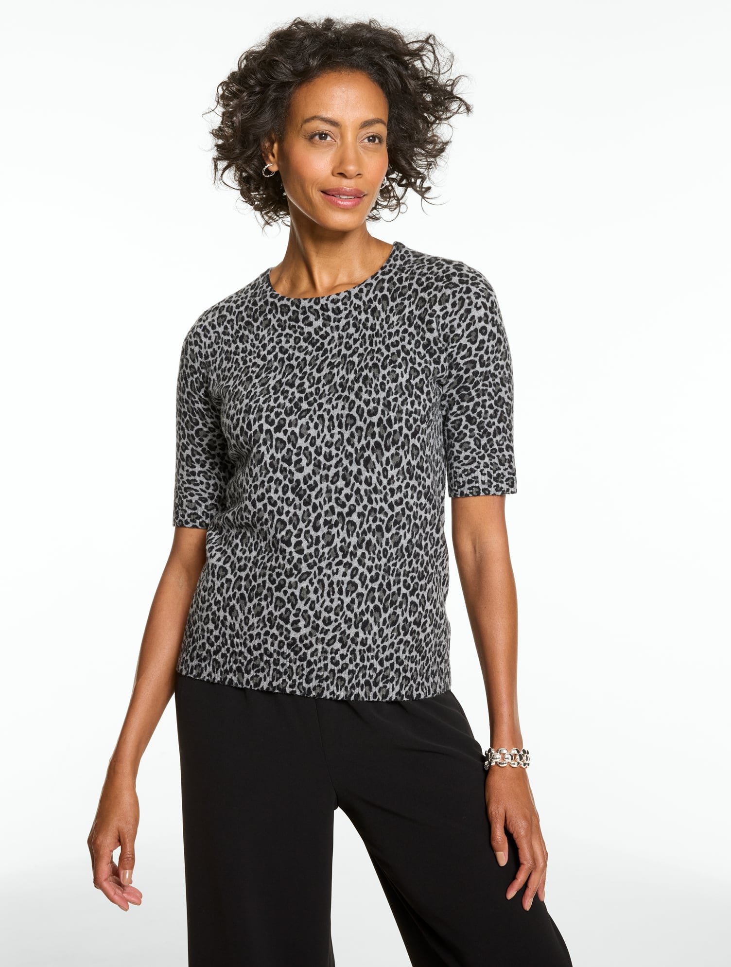 Elbow Sleeve Crewneck Pullover - Fabulous Leopard