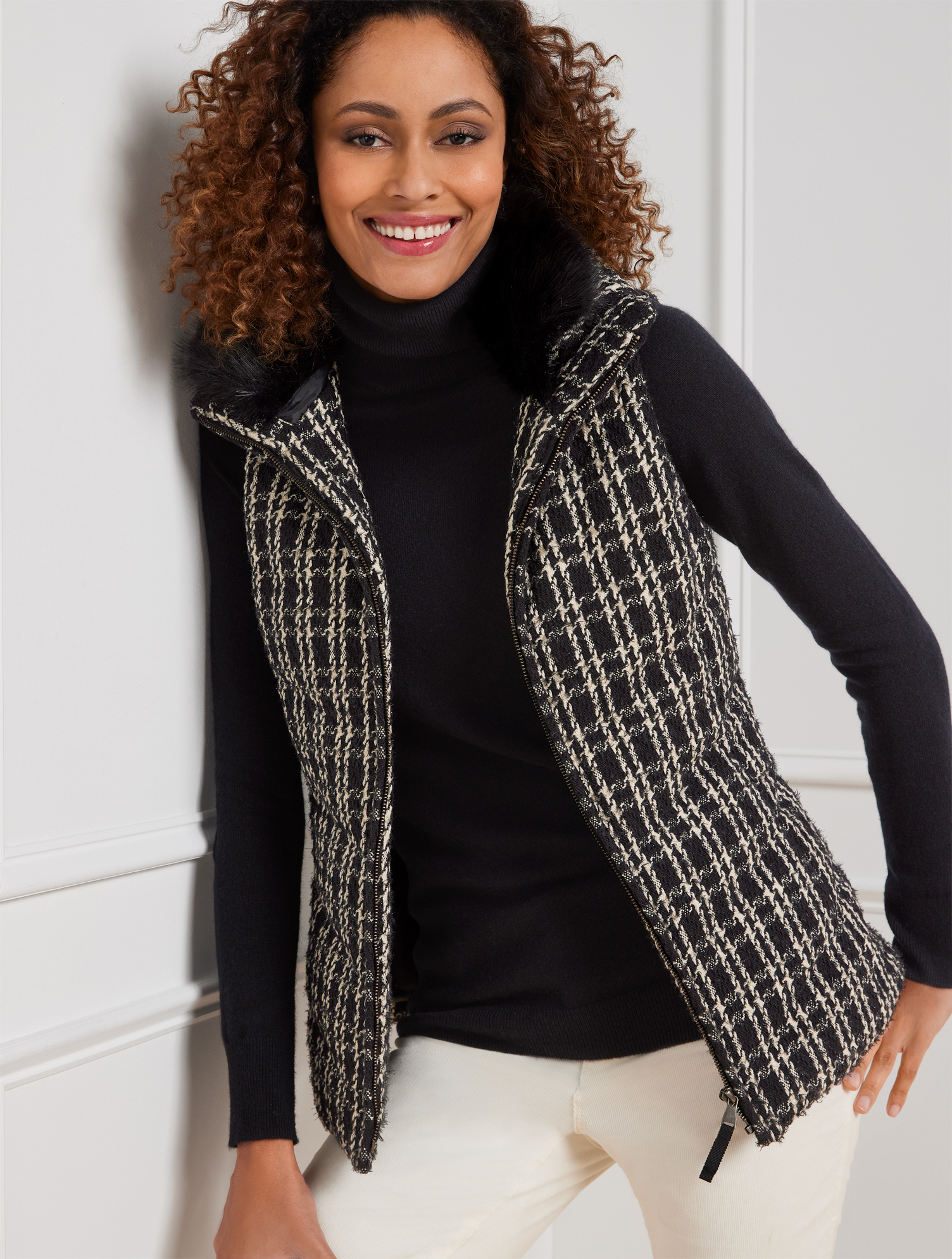 Talbots Faux Fur Collar Down Puffer Vest - Black/ivory - Small  In Black,ivory