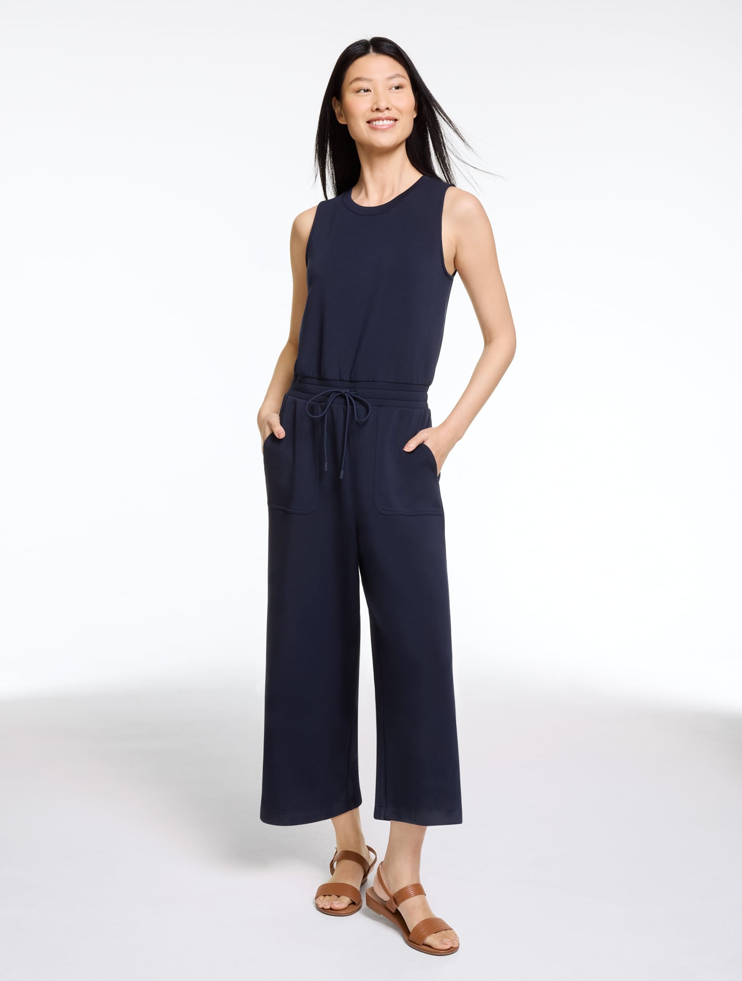 Plus Size - AirKnit Stretch Wide Crop Jumpsuit Dress - Blue - 3X Talbots