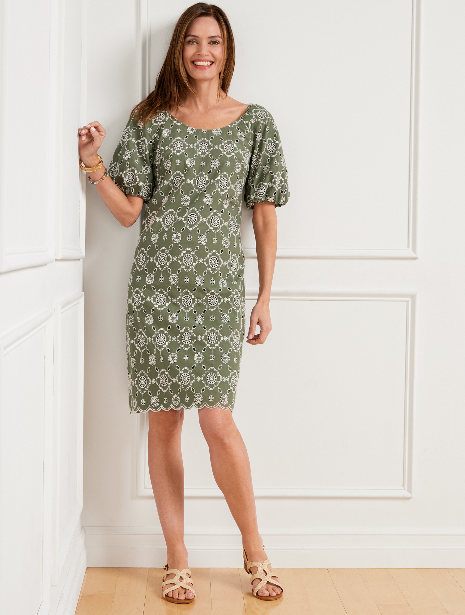 Talbots Puff Sleeve Embroidered Shift Dress - Spring Moss/white - 10 - 100% Cotton  In Spring Moss,white