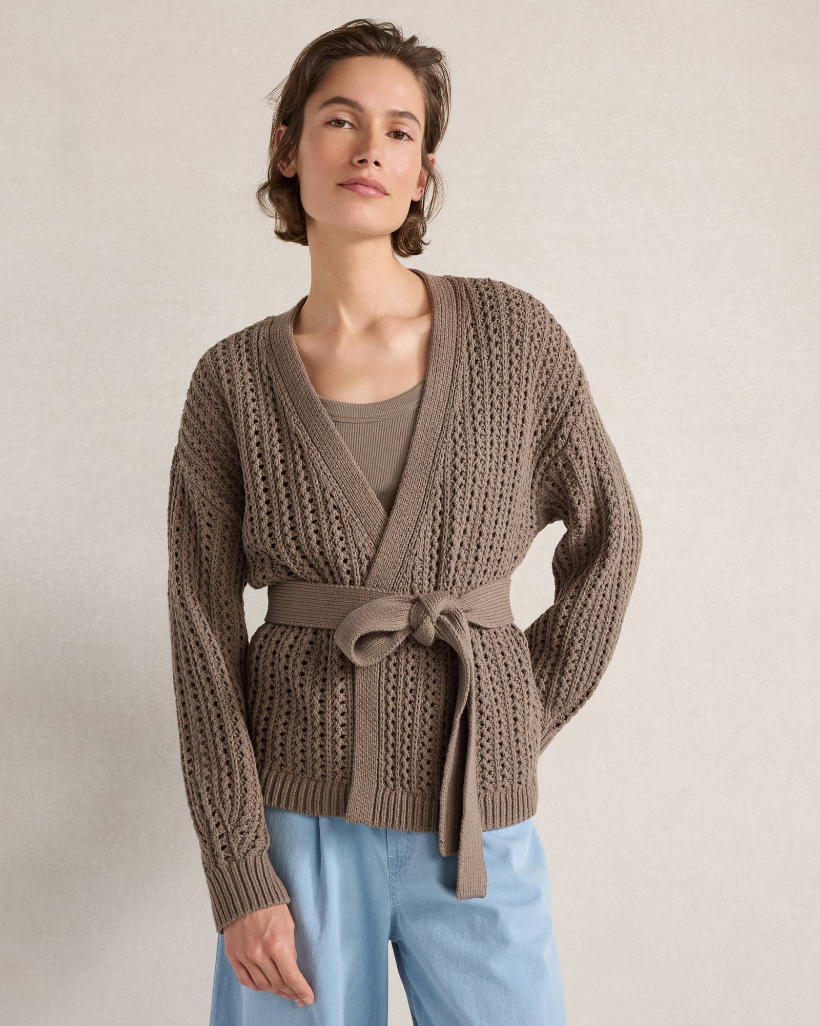 Textured Cotton Blend Belted Cardigan