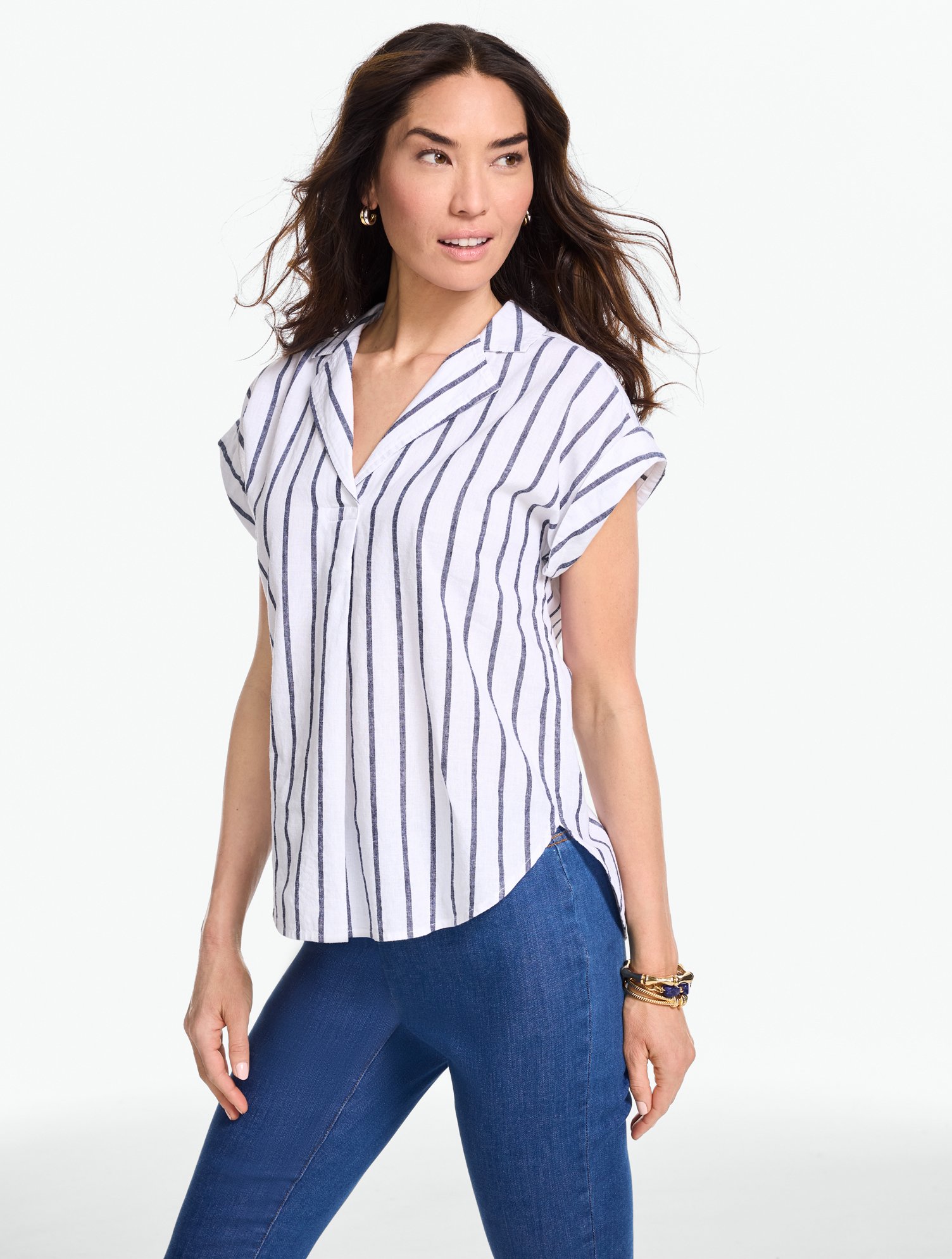 Extended Shoulder Linen Popover - Refreshing Stripe