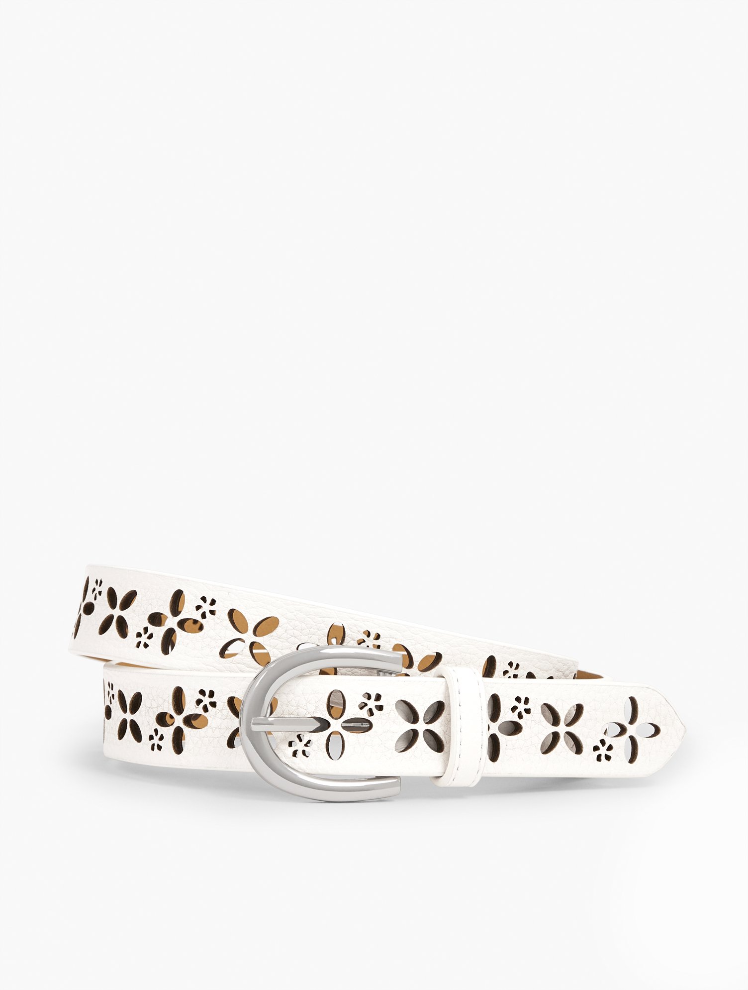 Talbots Perforated Floral Eyelet Leather Belt - White - Xl