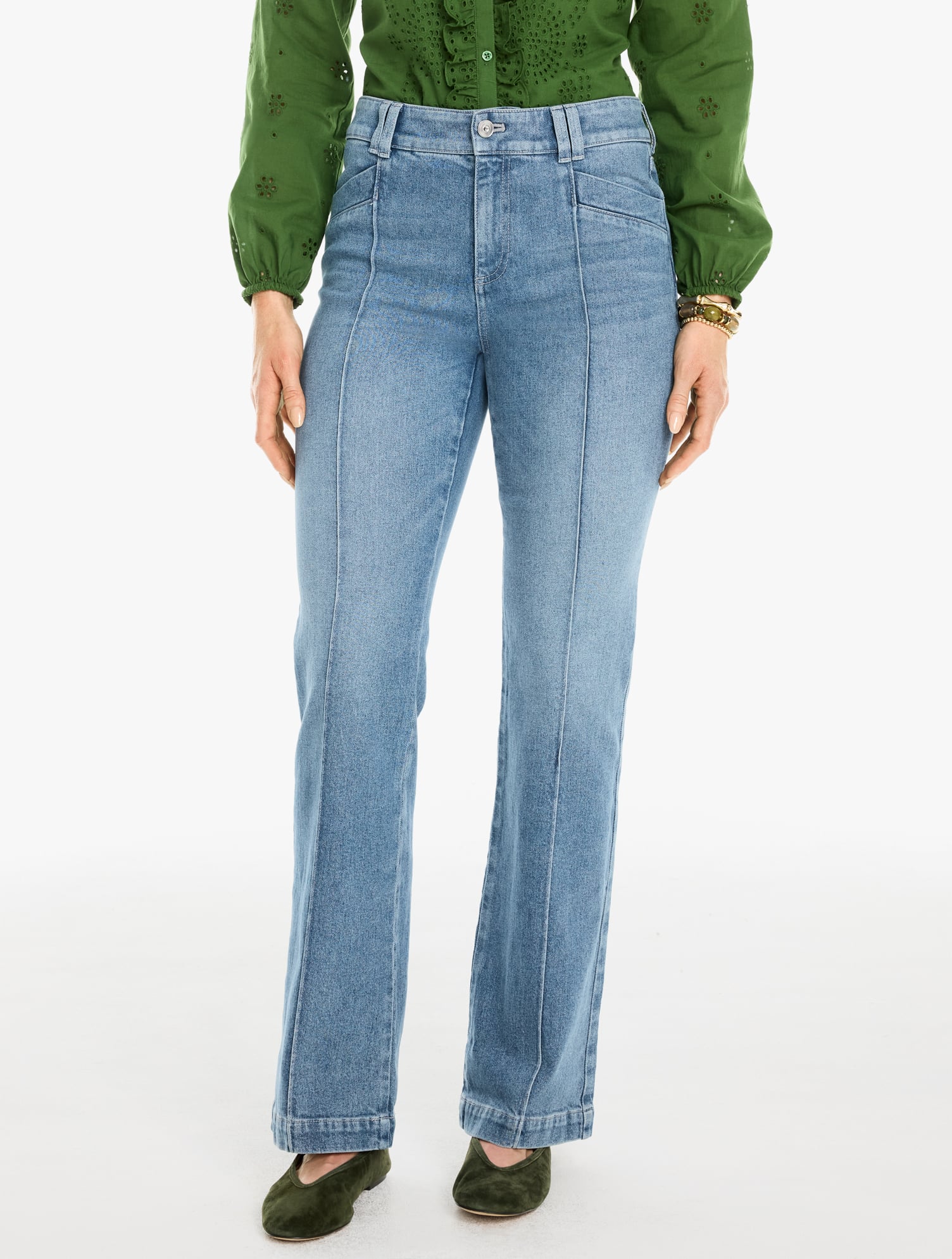 Flare Leg High Waist Pintuck Jeans - Brentwood Wash