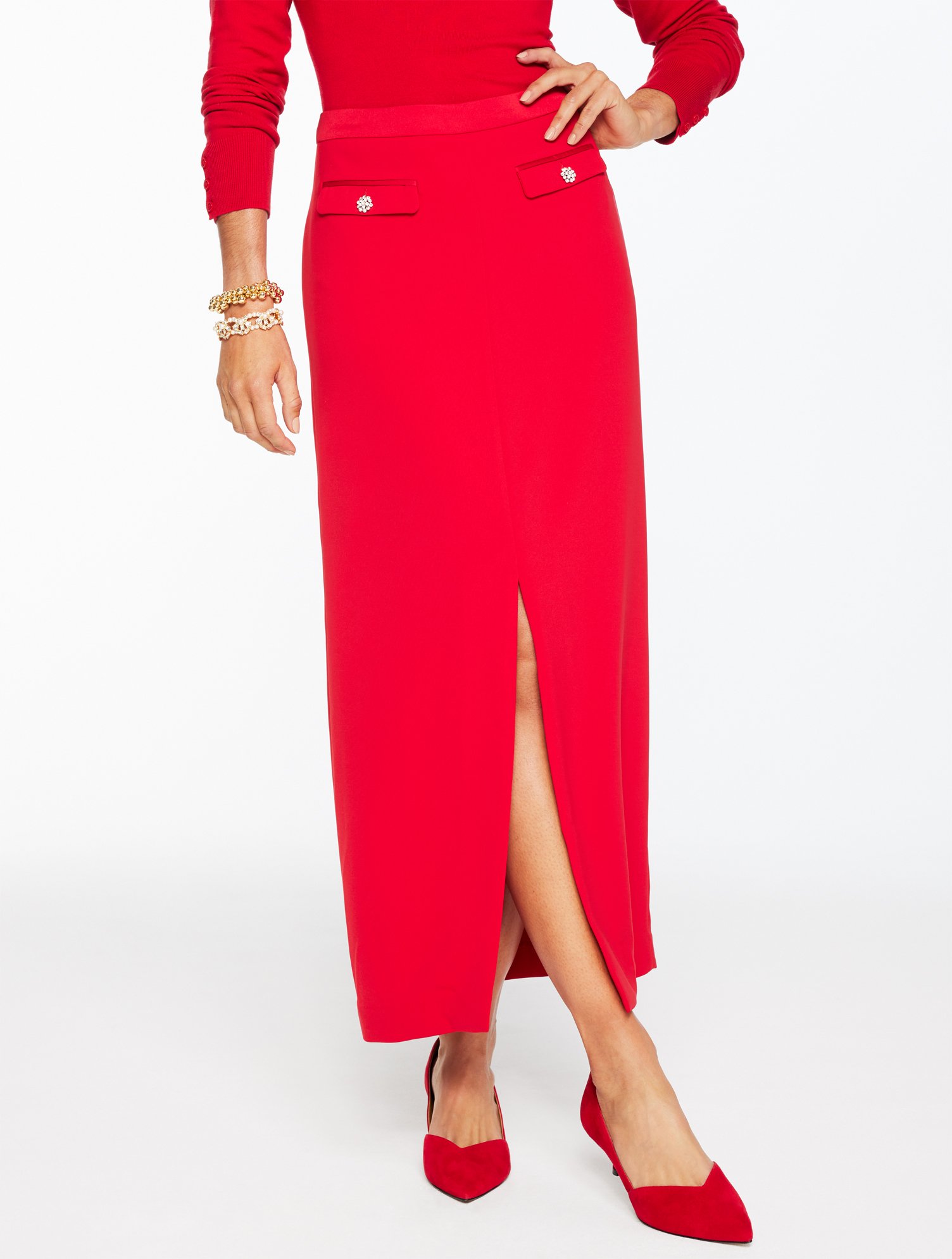 Talbots Plus Size - Polished Crepe Tuxedo Maxi Skirt - Red - 22