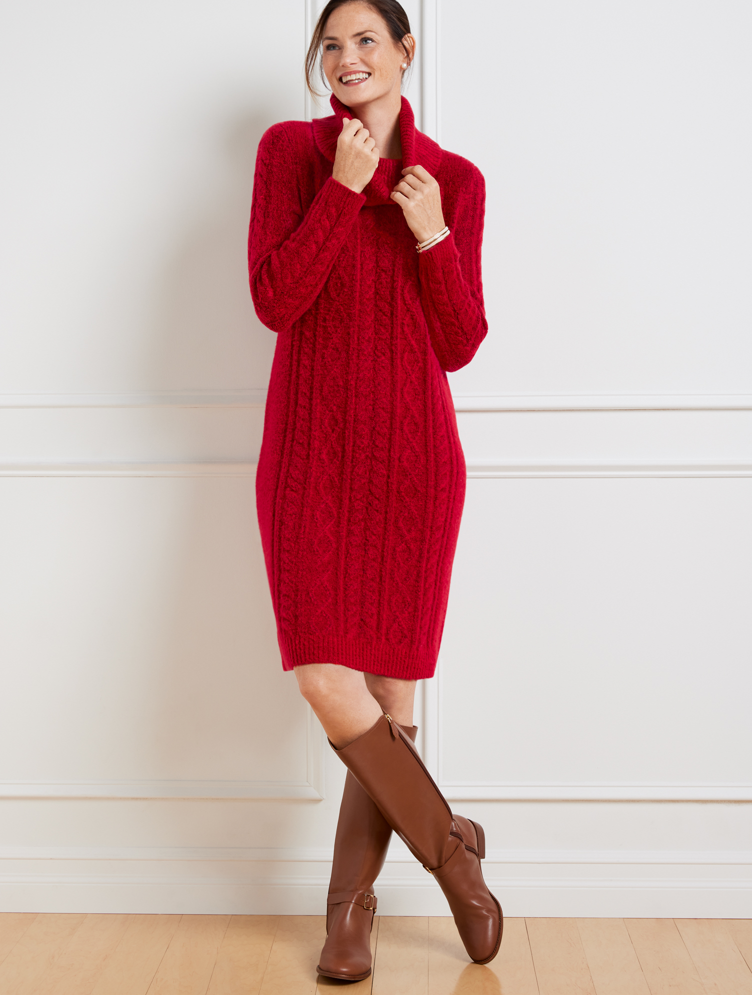 strapless open back dress Red Cable Knit Sweater Dress with Turtle Neck