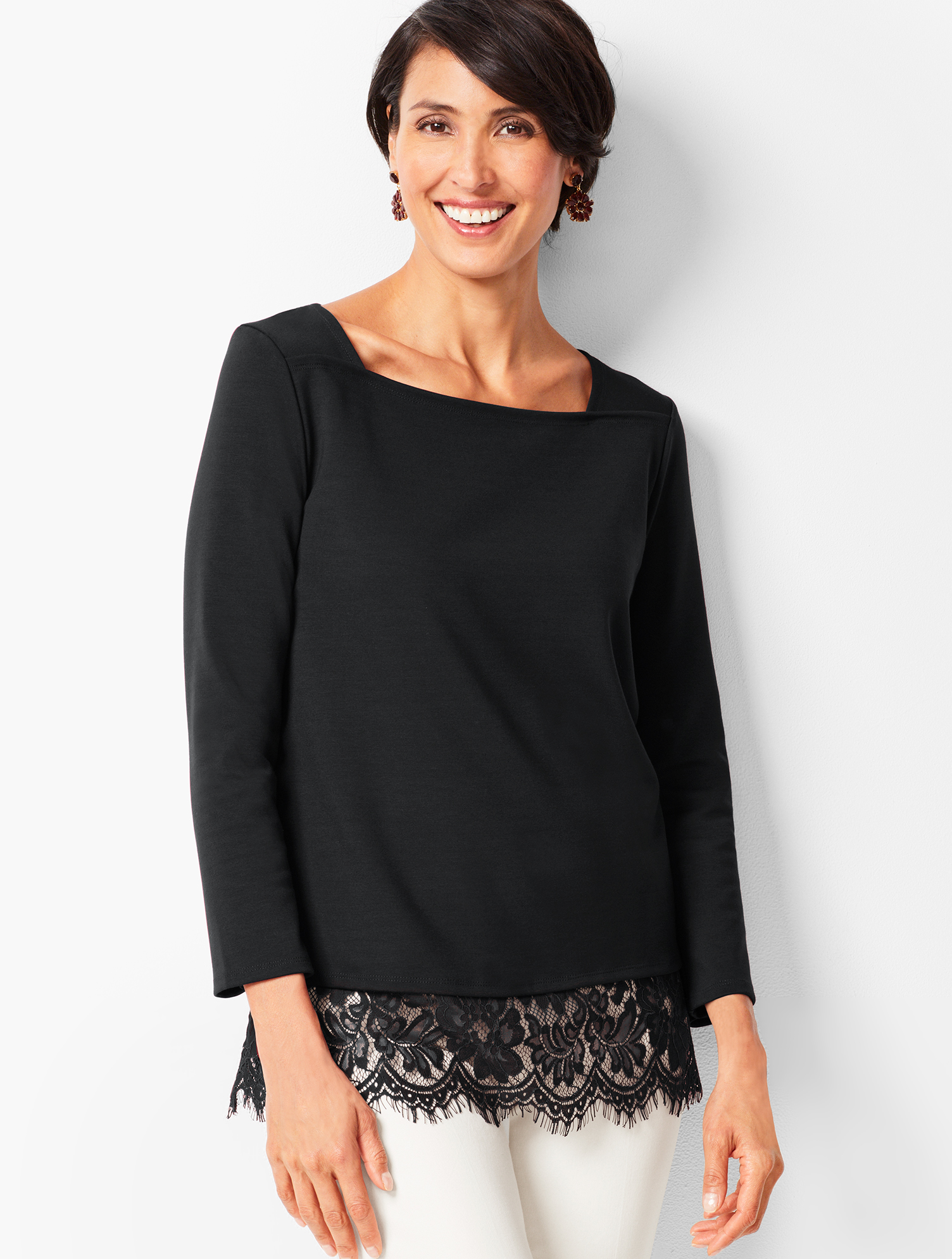 トップス ANYWHERE PRODUCTS COTTON LACE TOPS Square-Neck Lace-Hem Top | Talbots