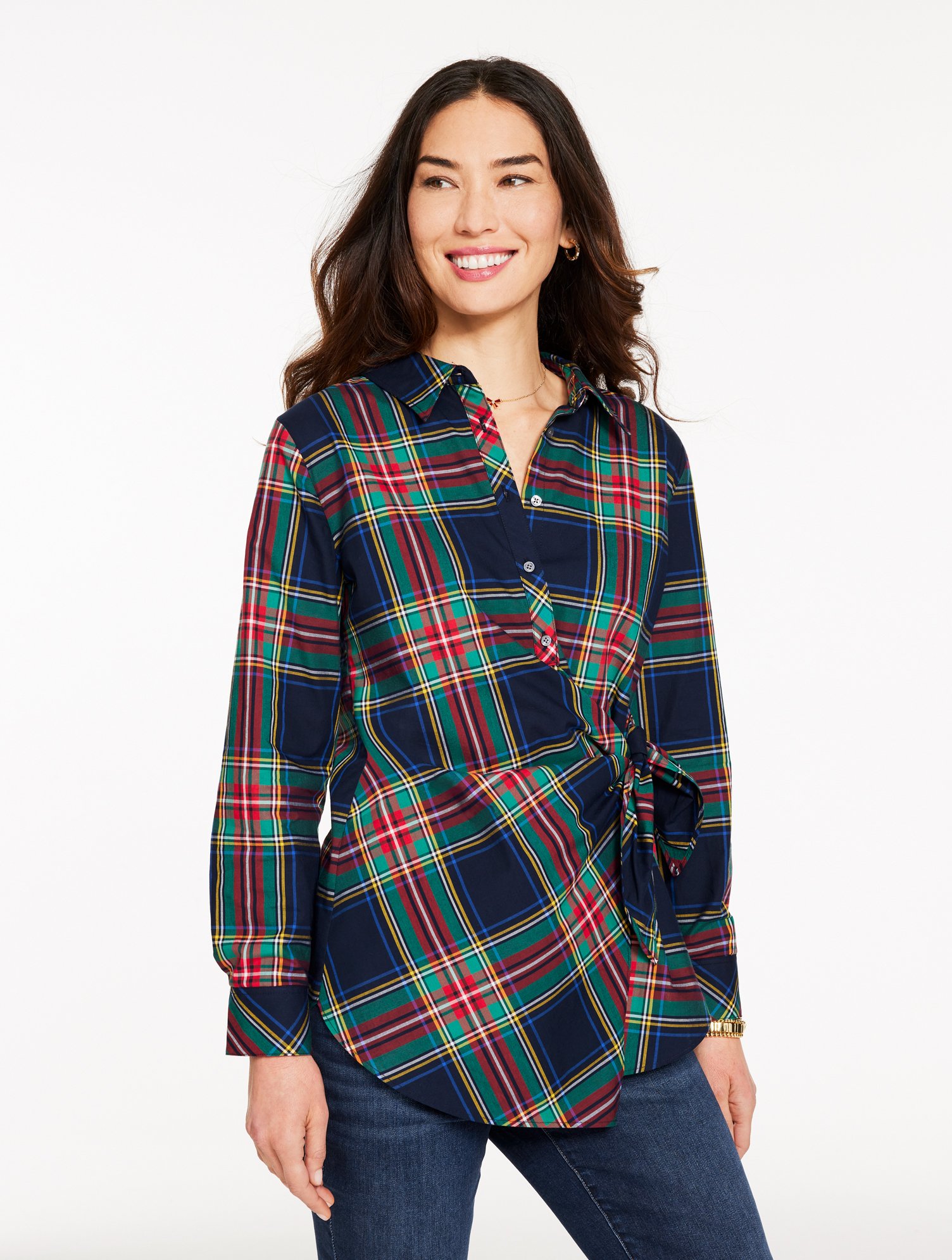 Talbots Plus Petite - Tie Front Poplin Shirt - Jolly Tartan - Indigo - 3x - 100% Cotton In Purple