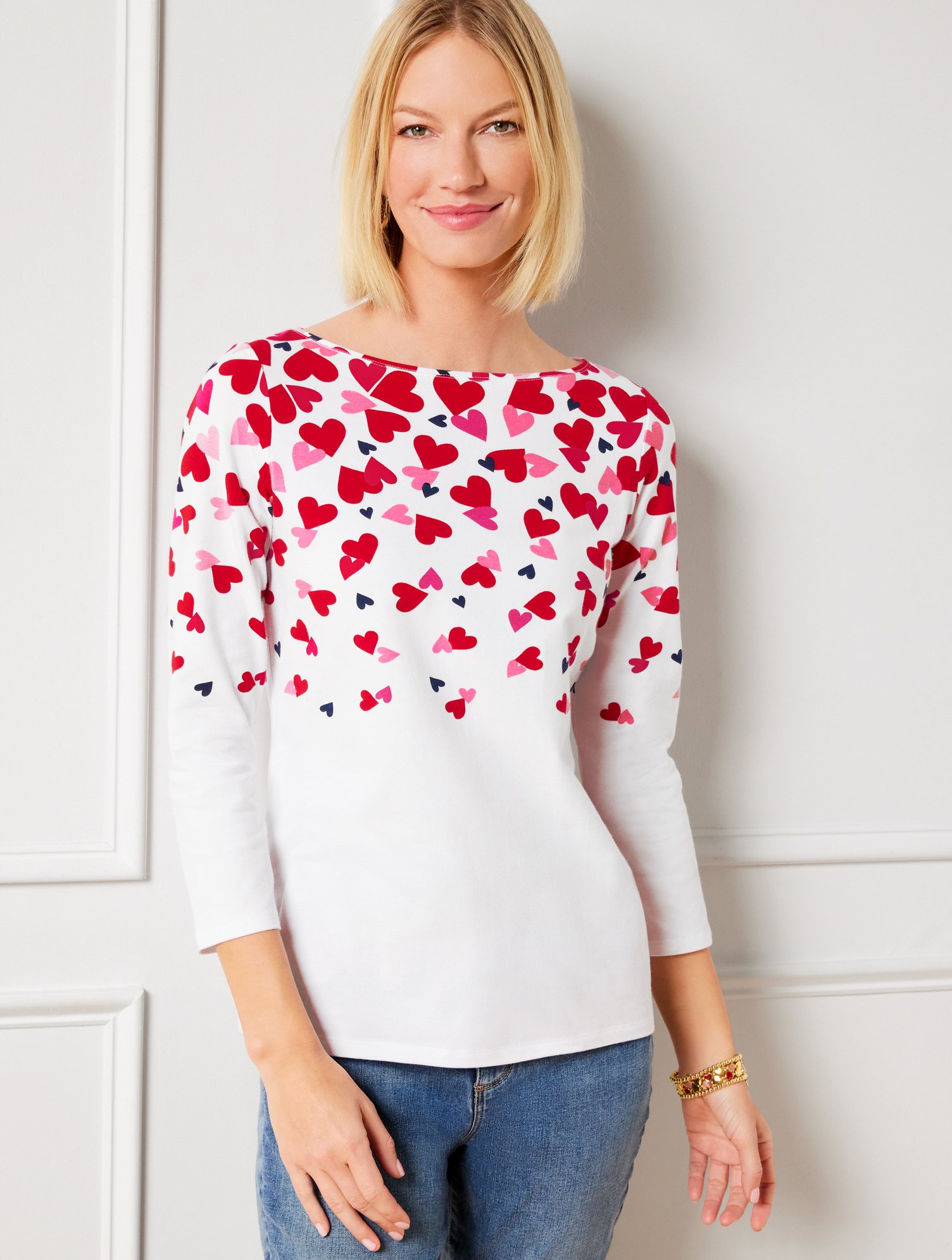 Talbots Bateau Neck T-shirt - Scattered Hearts - White - 3x