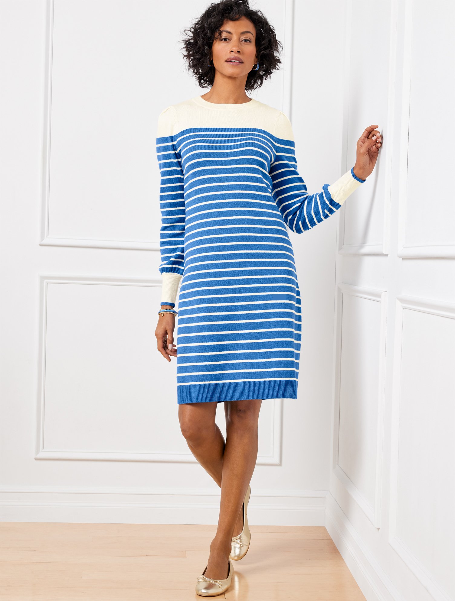 Talbots Petite - Puff Sleeve Sweater Dress - Breton Stripe - Ivory/capri Blue - Xl  In Ivory,capri Blue