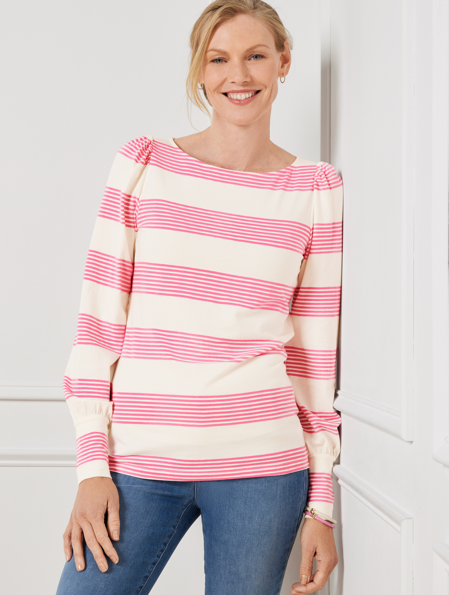 Talbots Blouson Sleeve T-shirt - Cluster Stripe - Ivory/aurora Pink - 3x  In Ivory,aurora Pink
