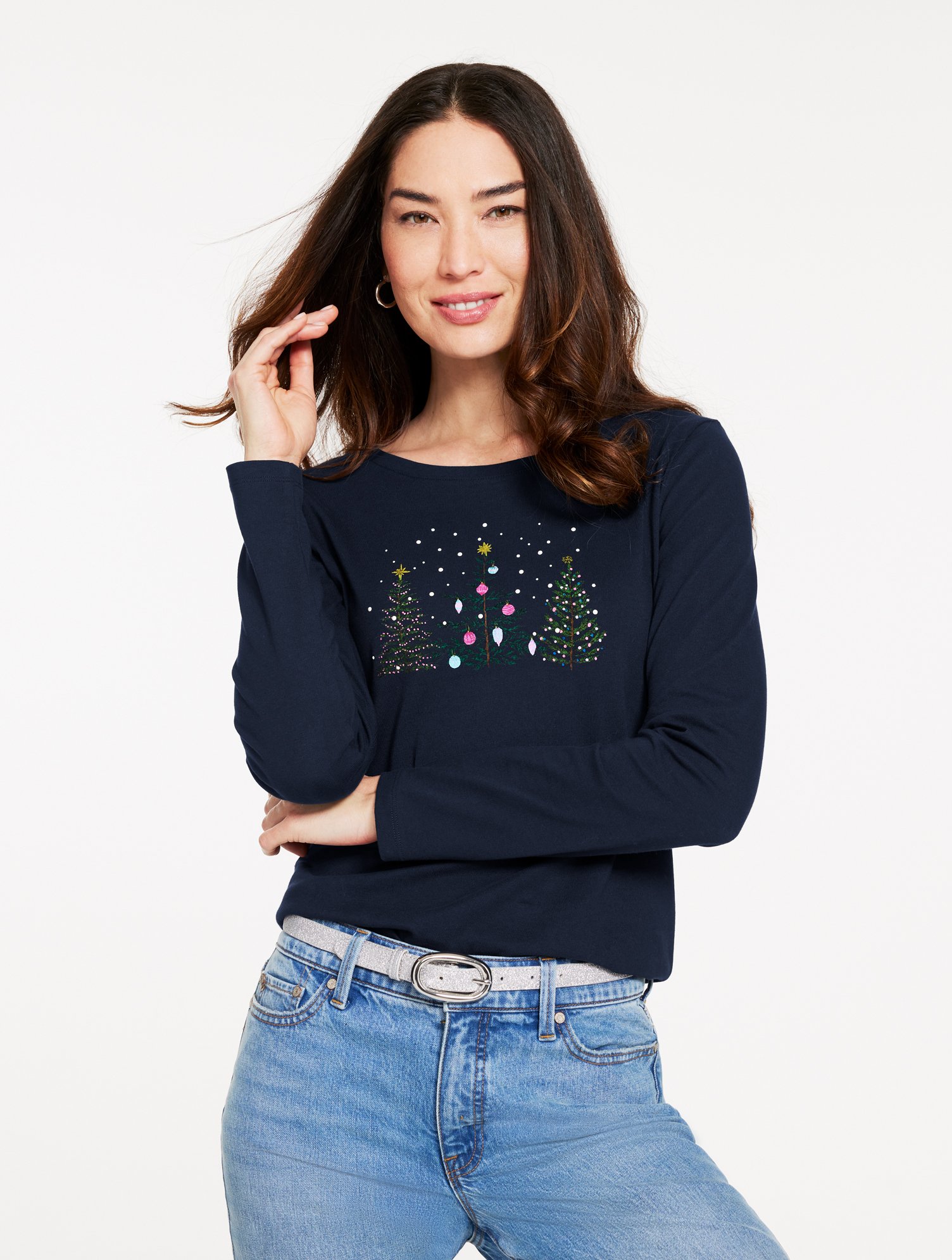 Talbots Plus Size - Long Sleeve Crewneck T-shirt - Christmas Tree - Indigo - 2x In Blue