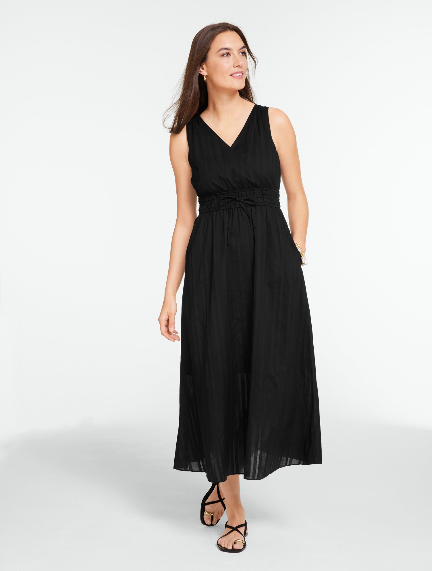 Dobby Stripe Fit & Flare Waist Midi Dress