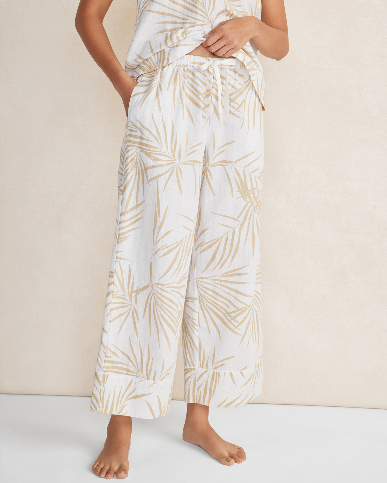 Talbots Organic Cotton Linen Palm Print Pajama Pants - White/sepia - Xxl