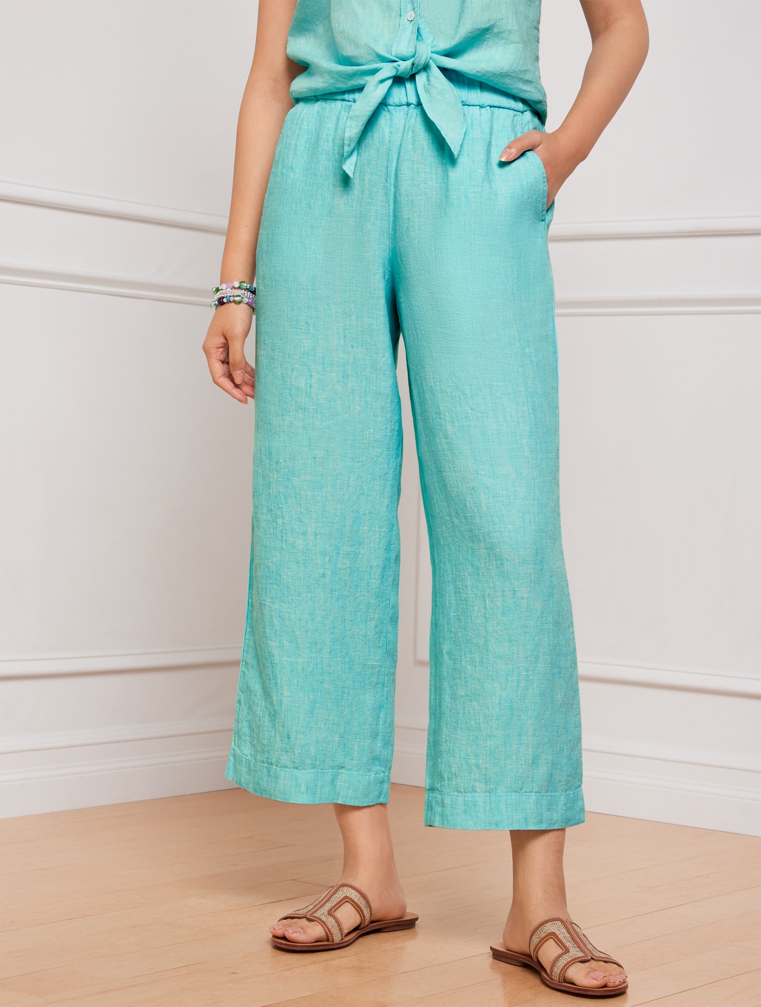 Talbots Plus Size -  Nantucket Washed Linen Wide Leg Crop Pants - Vivid Turquoise/white - 2x In Vivid Turquoise,white