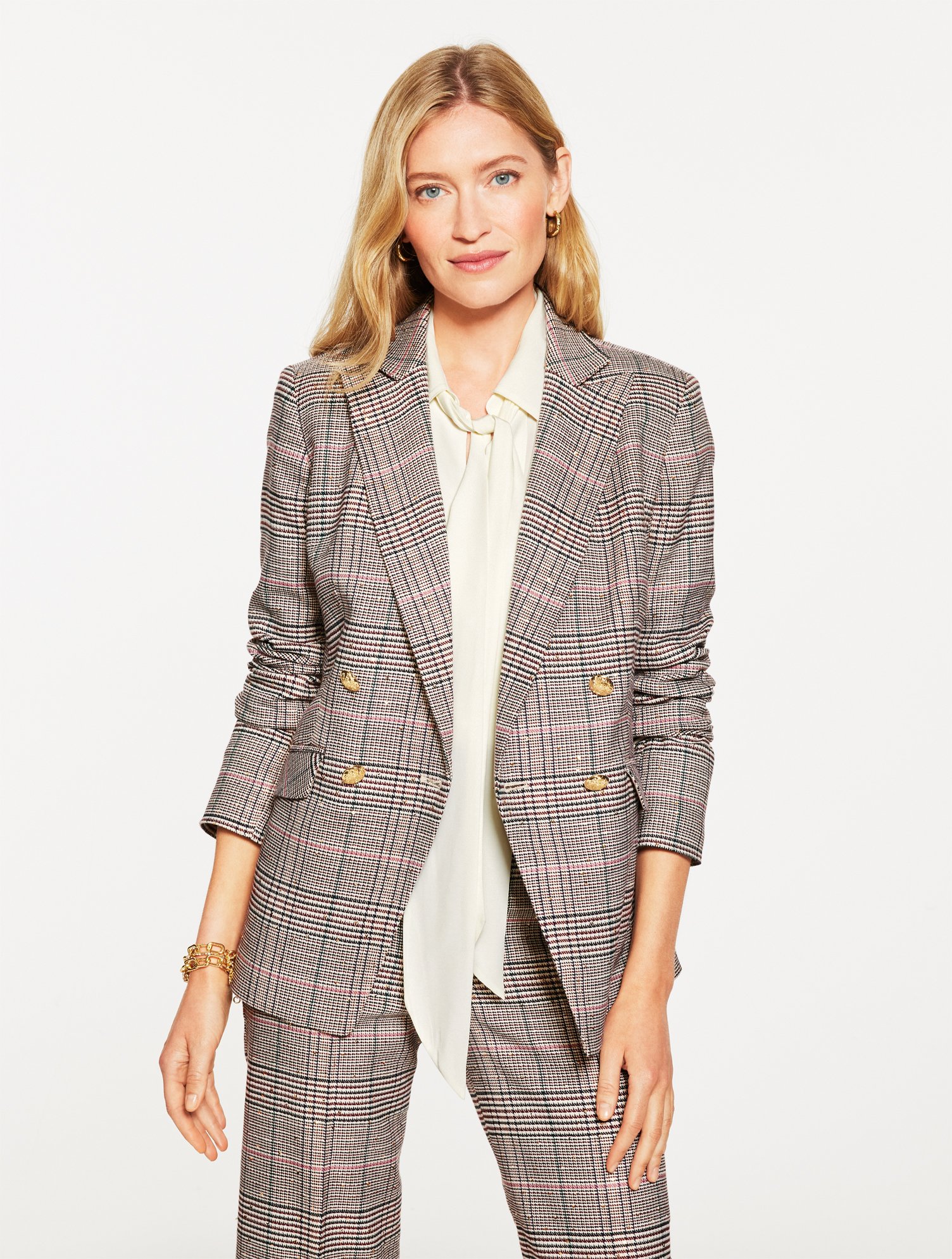 Talbots Petite - Double Breasted Blazer - Glen Plaid - Ivory - 10 In Brown