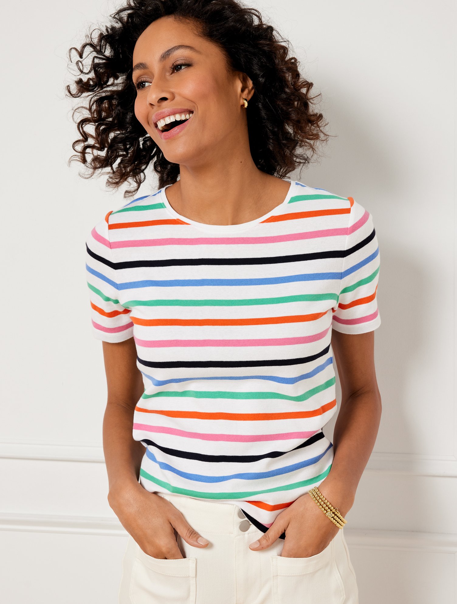 Talbots Crewneck T-shirt - Vibrant Stripe - White - Medium - 100% Cotton