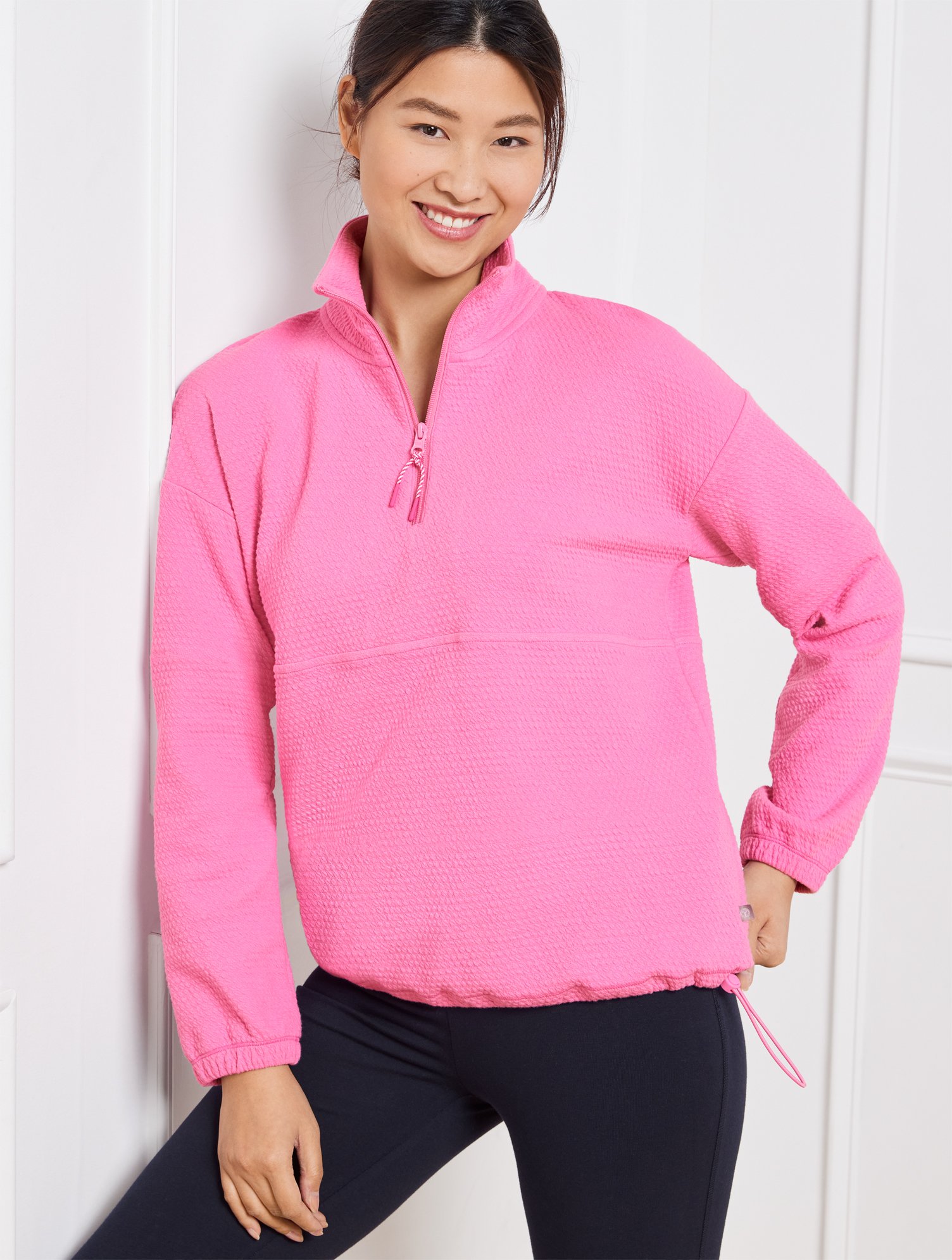 Talbots Plus Size - Bubble Texture Half-zip Pullover Sweater - Light Pink Cerise